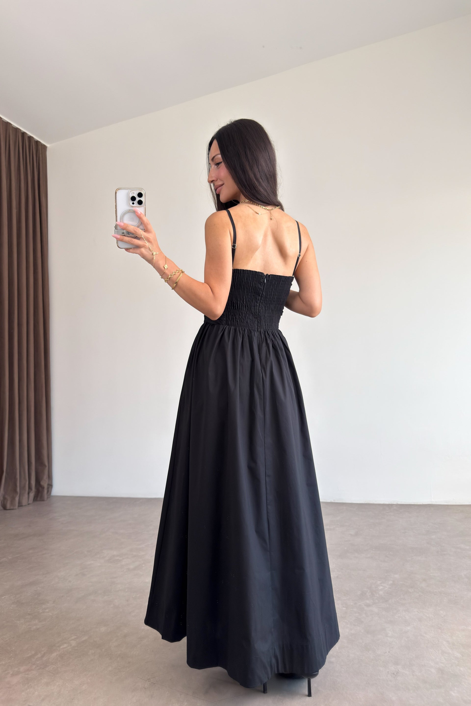 Drapeli Askılı Poplin Siyah Maxi Elbise