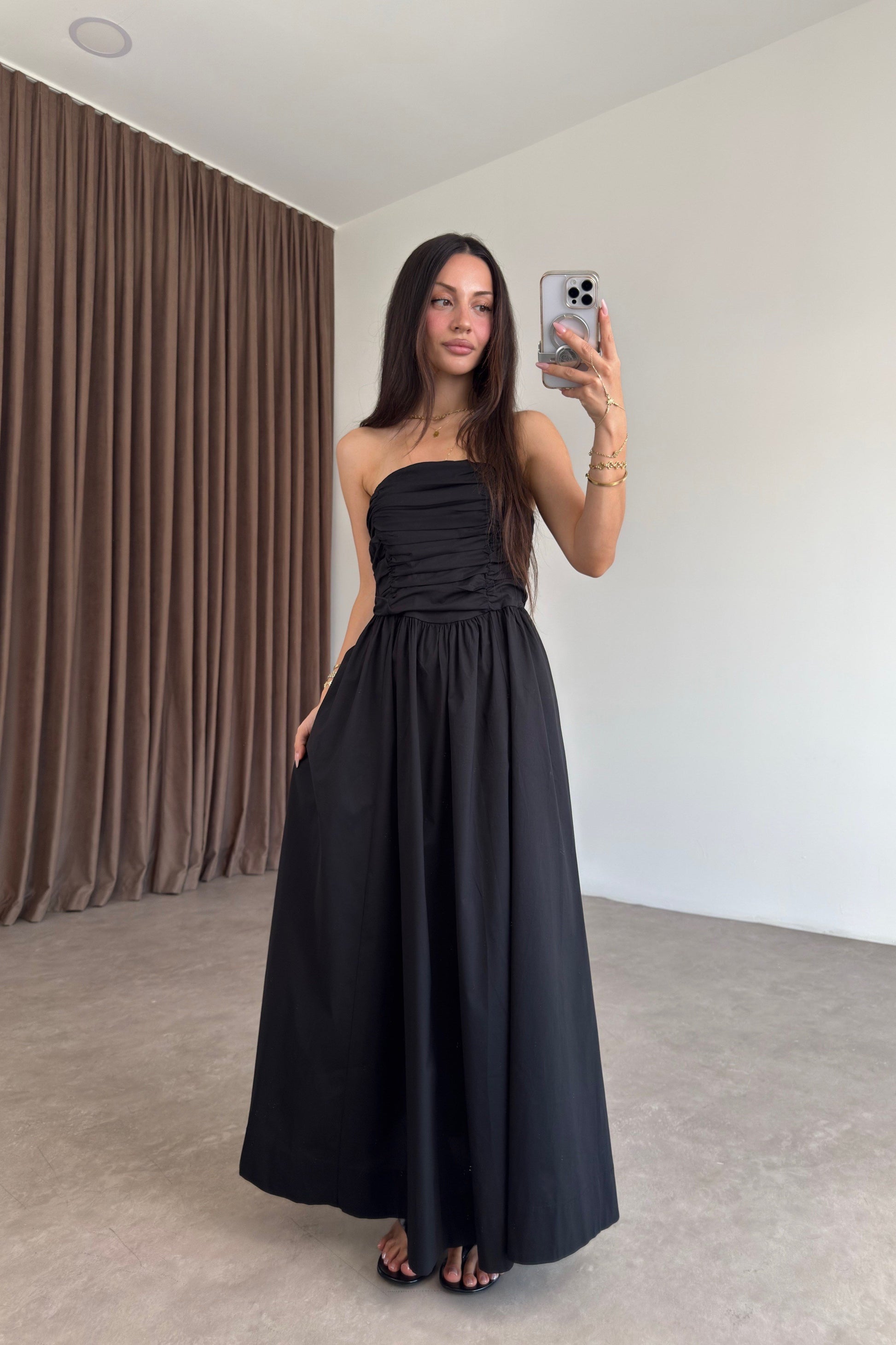 Drapeli Askılı Poplin Siyah Maxi Elbise