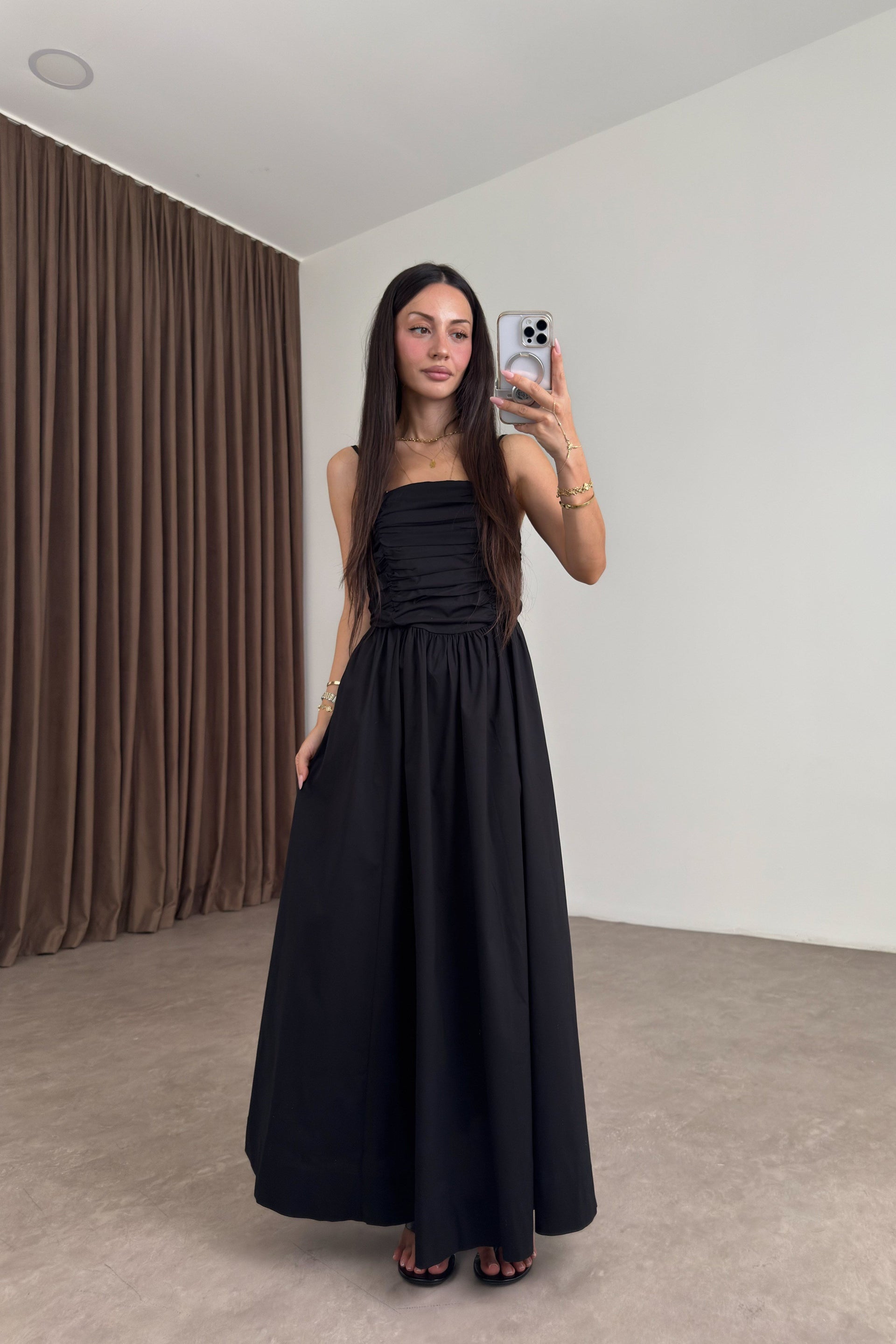 Drapeli Askılı Poplin Siyah Maxi Elbise