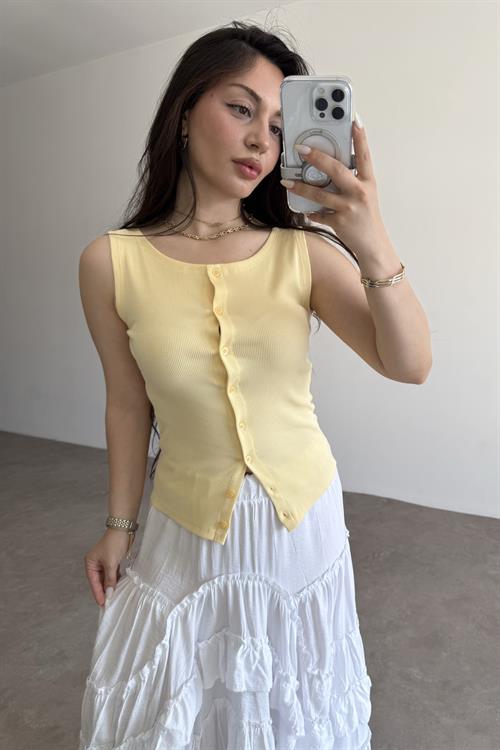 Düğmeli Örme Yelek Limon Sarısı