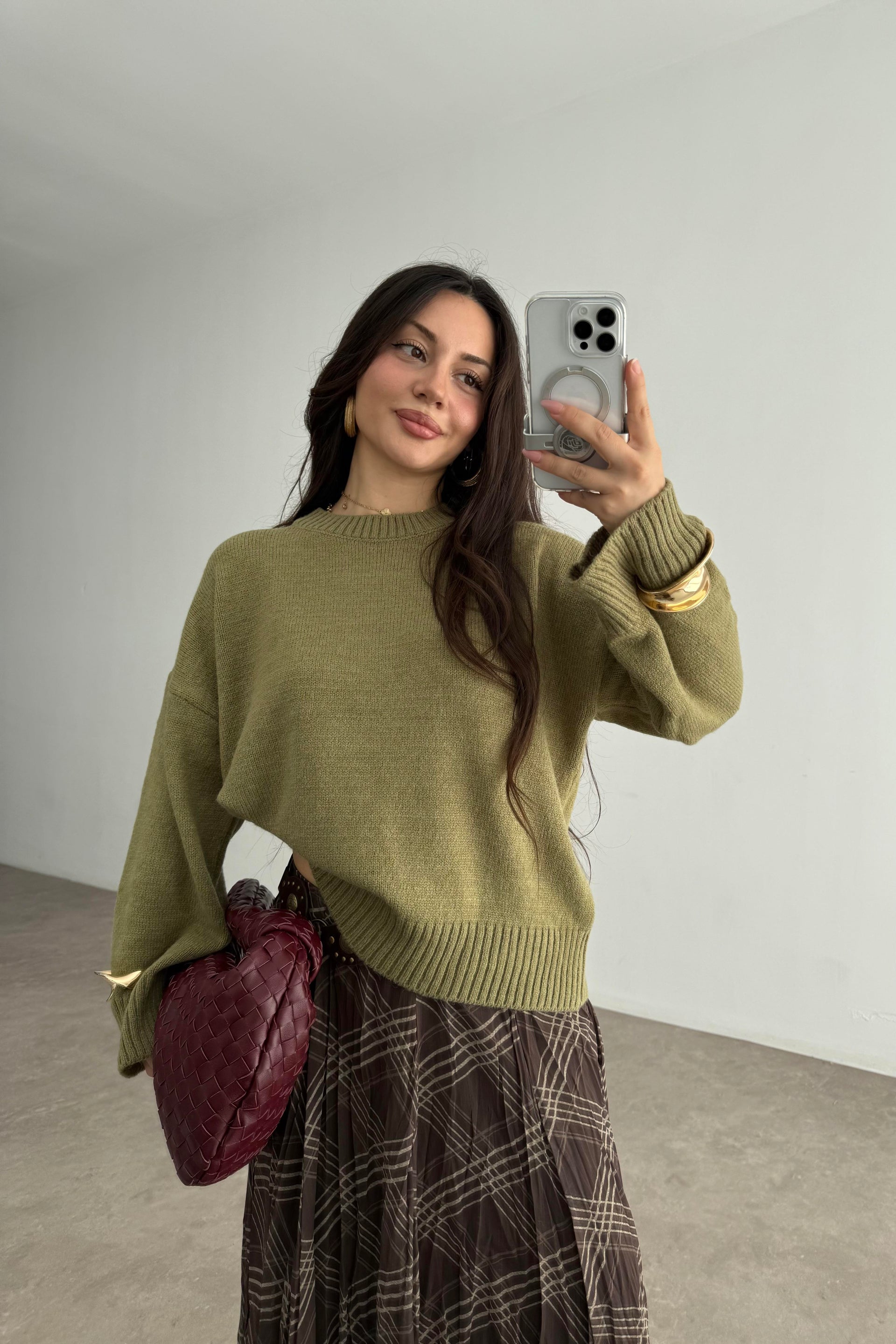 Ekose Şifon Parçalı Etek Khaki