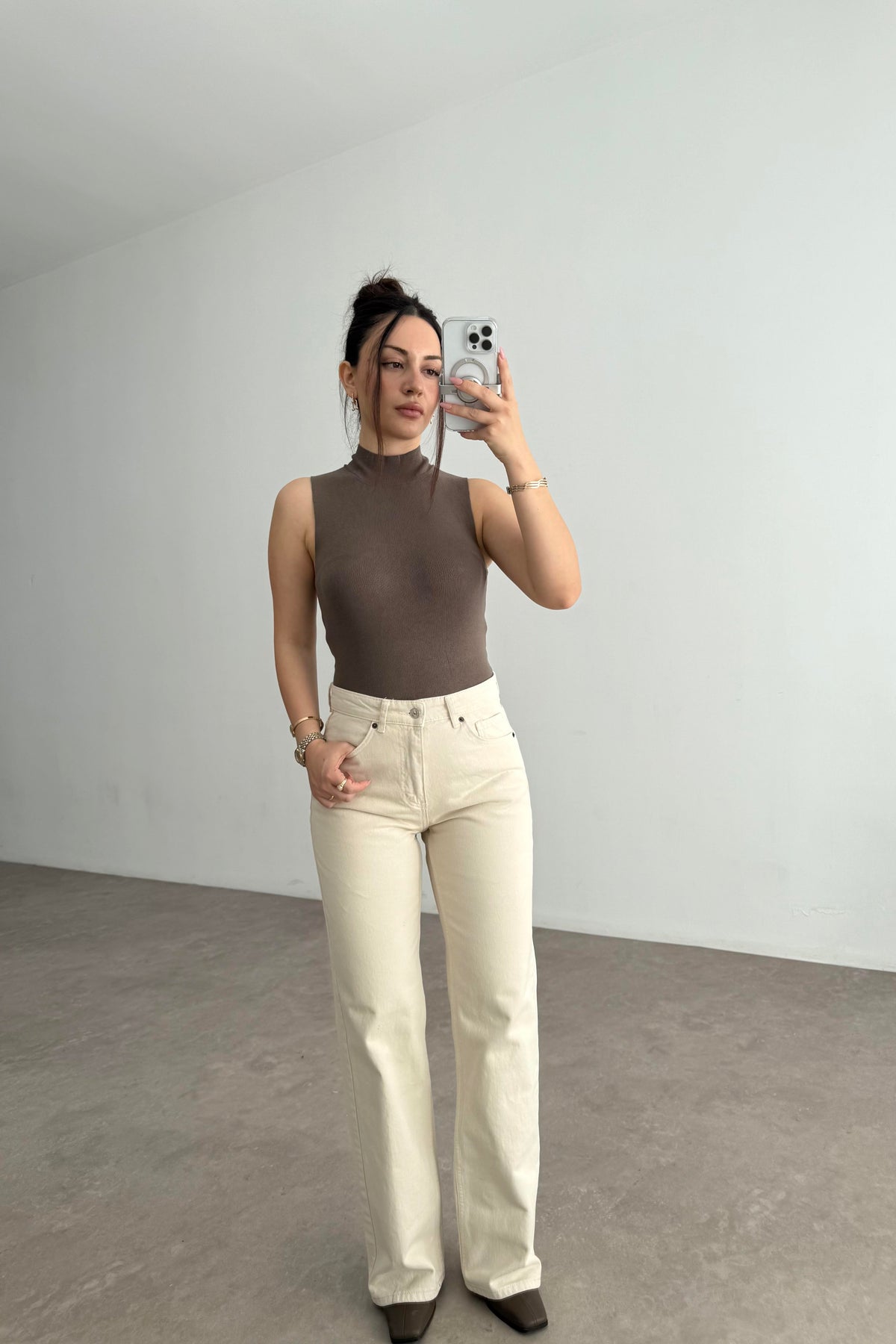 ZRA Dikişli Paça Straightleg Ekru Jean