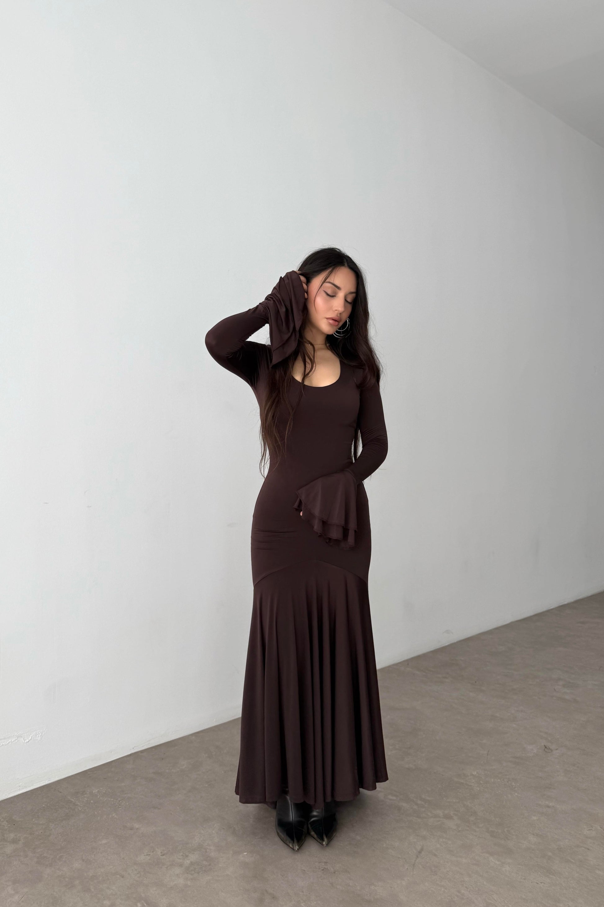 Eva Kolları Volanlı Kahve Elbise