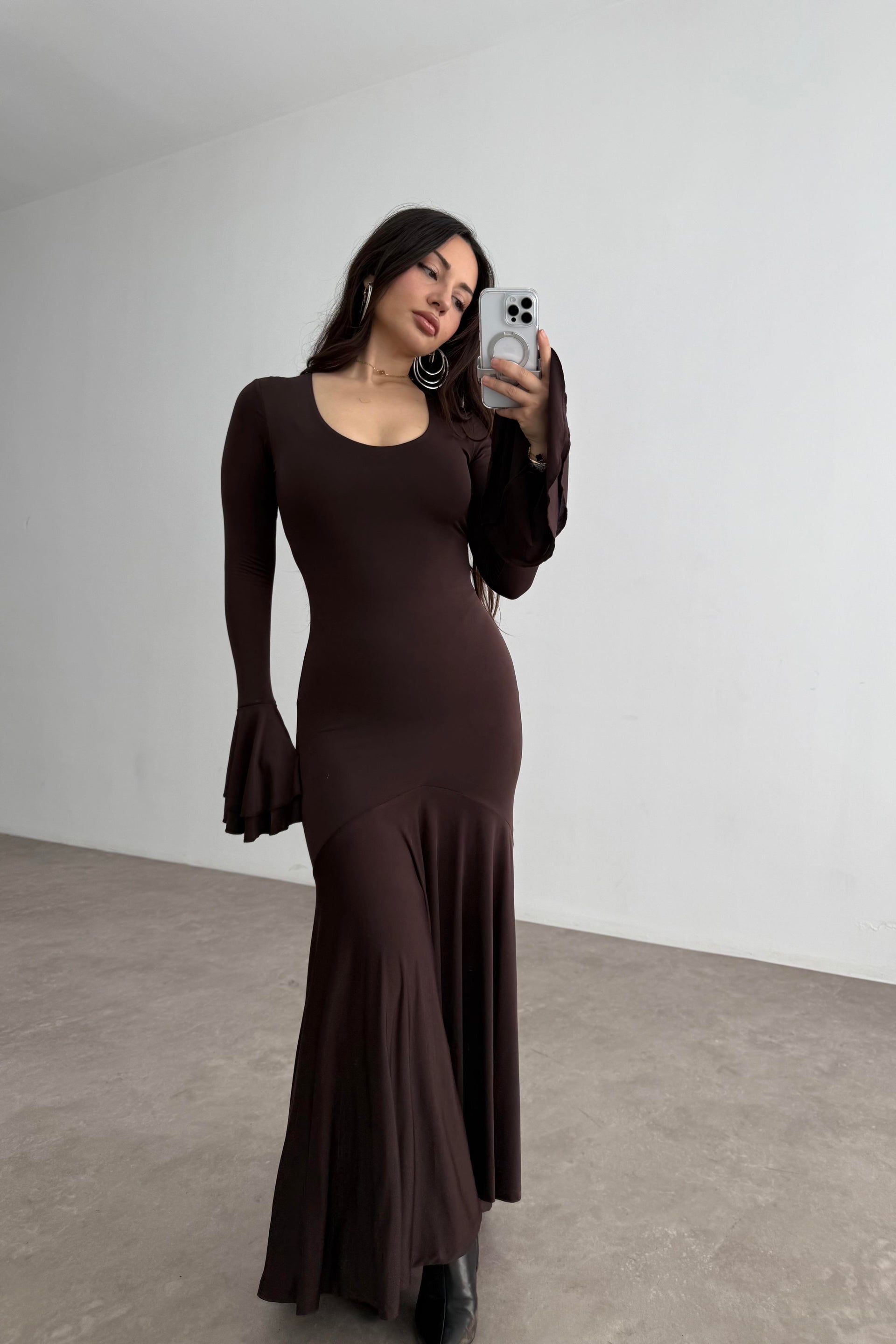 Eva Kolları Volanlı Kahve Elbise