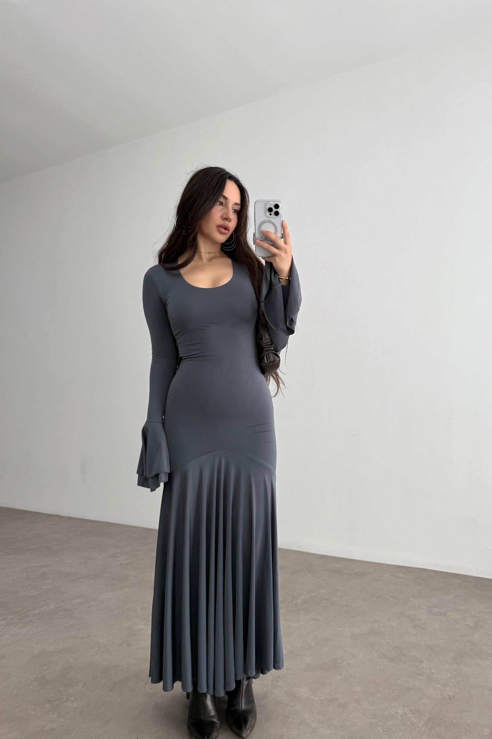 Eva Kolları Volanlı İndigo Gri