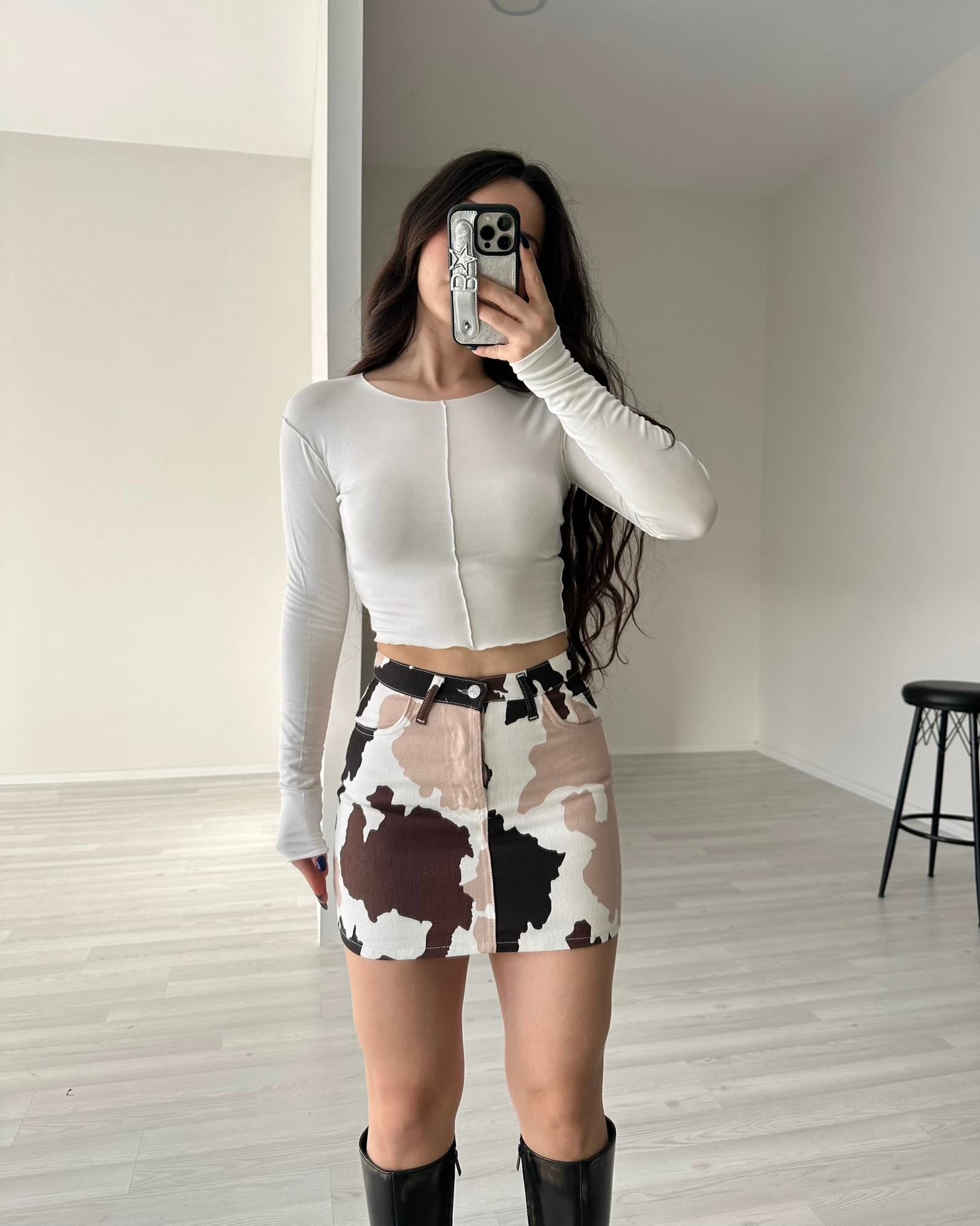 F/Brshka Orj. Kahve Cow Mini Etek