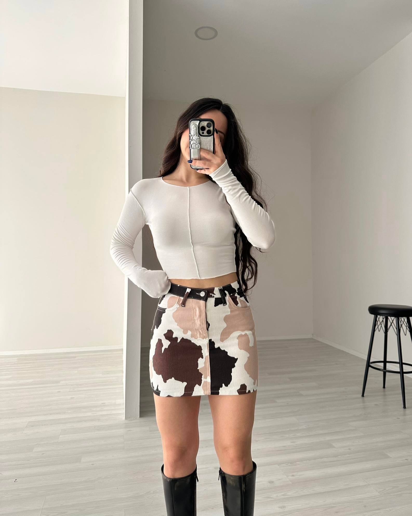 F/Brshka Orj. Kahve Cow Mini Etek