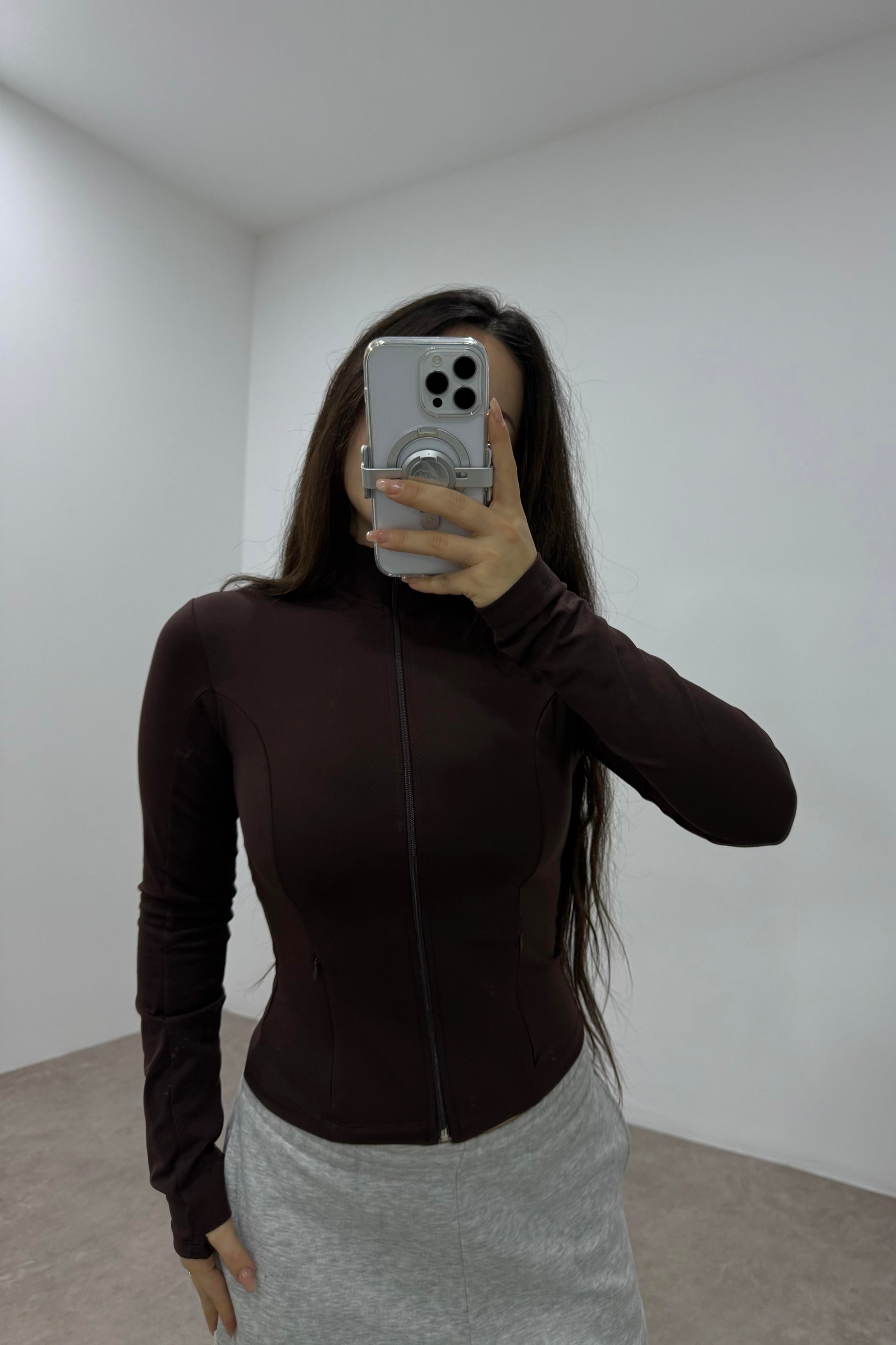 Fermuar Cepli Fermuarlı Dik Yakalı Acı Kahve Spor Ceket