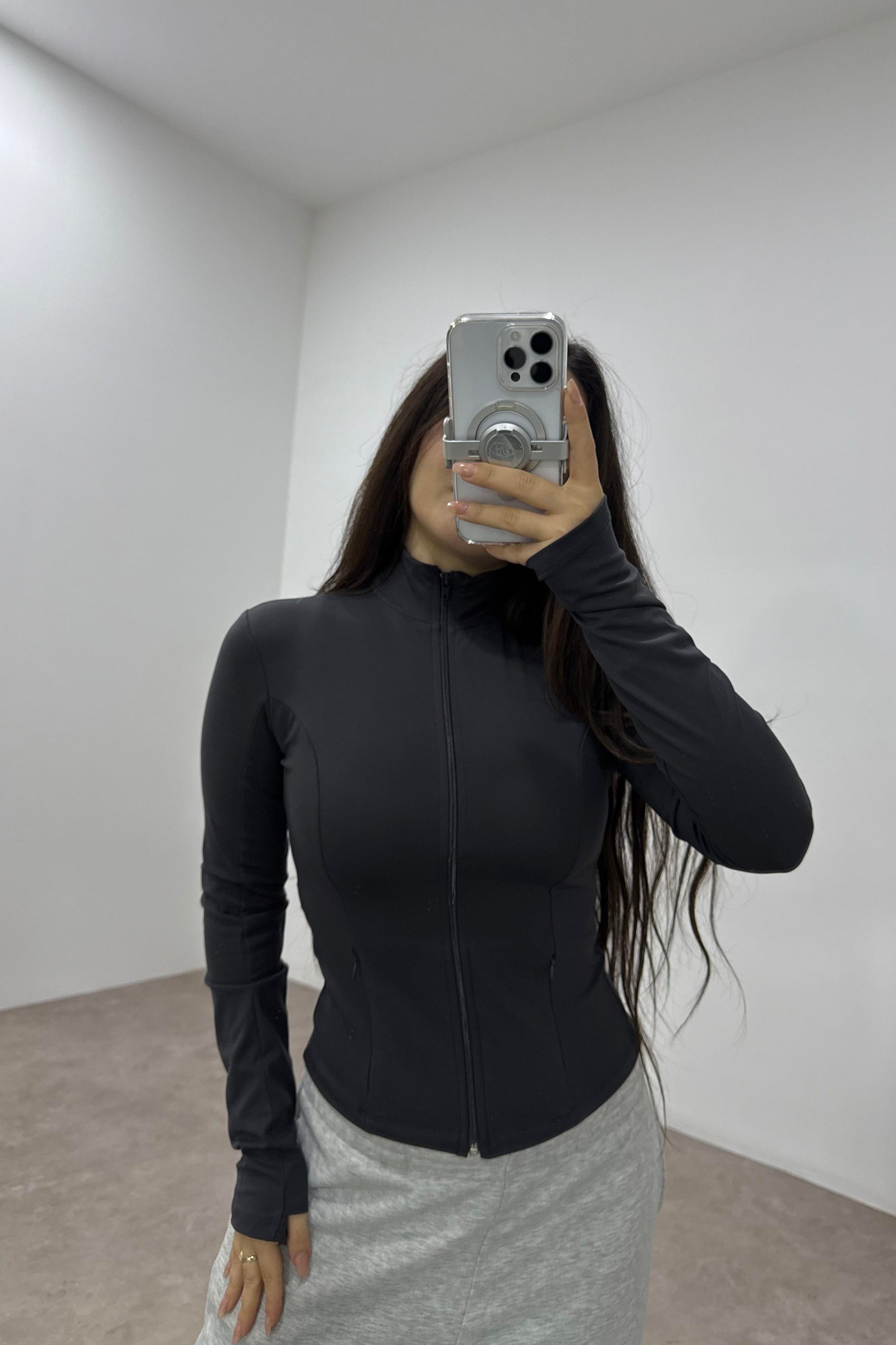 Fermuar Cepli Fermuarlı Dik Yakalı Füme Spor Ceket