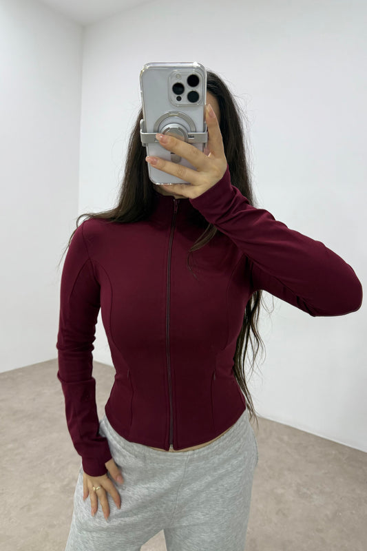 Fermuar Cepli Fermuarlı Dik Yakalı Bordo Spor Ceket