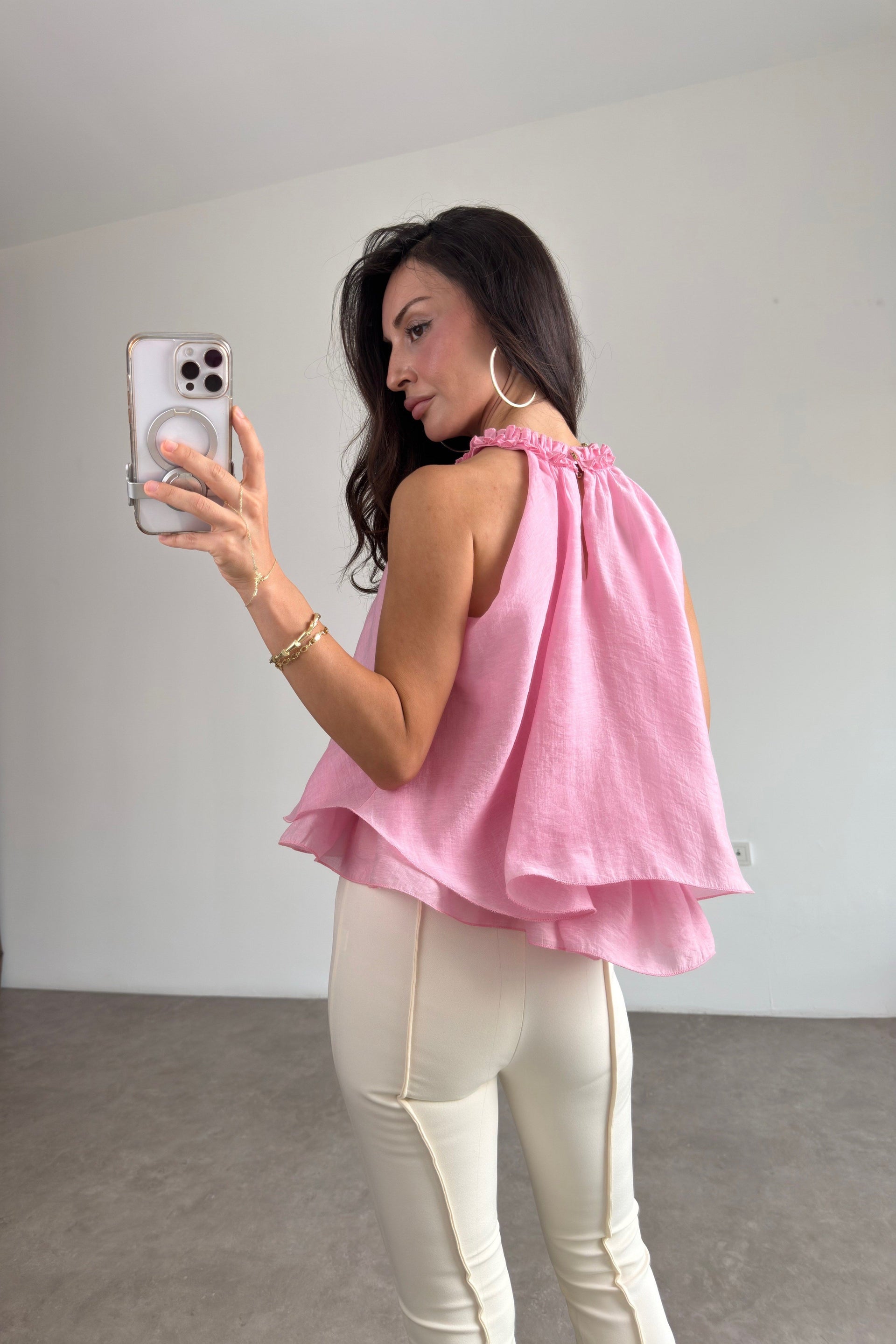 Fırfırlı Yaka Volanlı Pembe Bluz