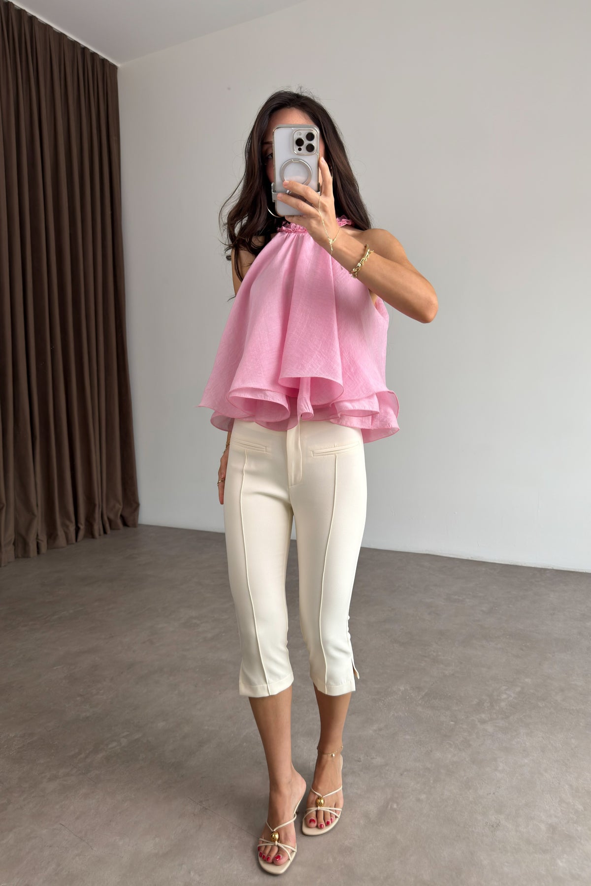 Fırfırlı Yaka Volanlı Pembe Bluz