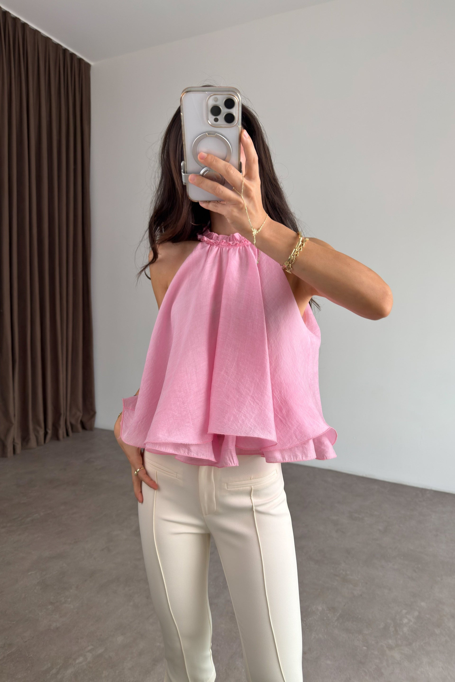 Fırfırlı Yaka Volanlı Pembe Bluz