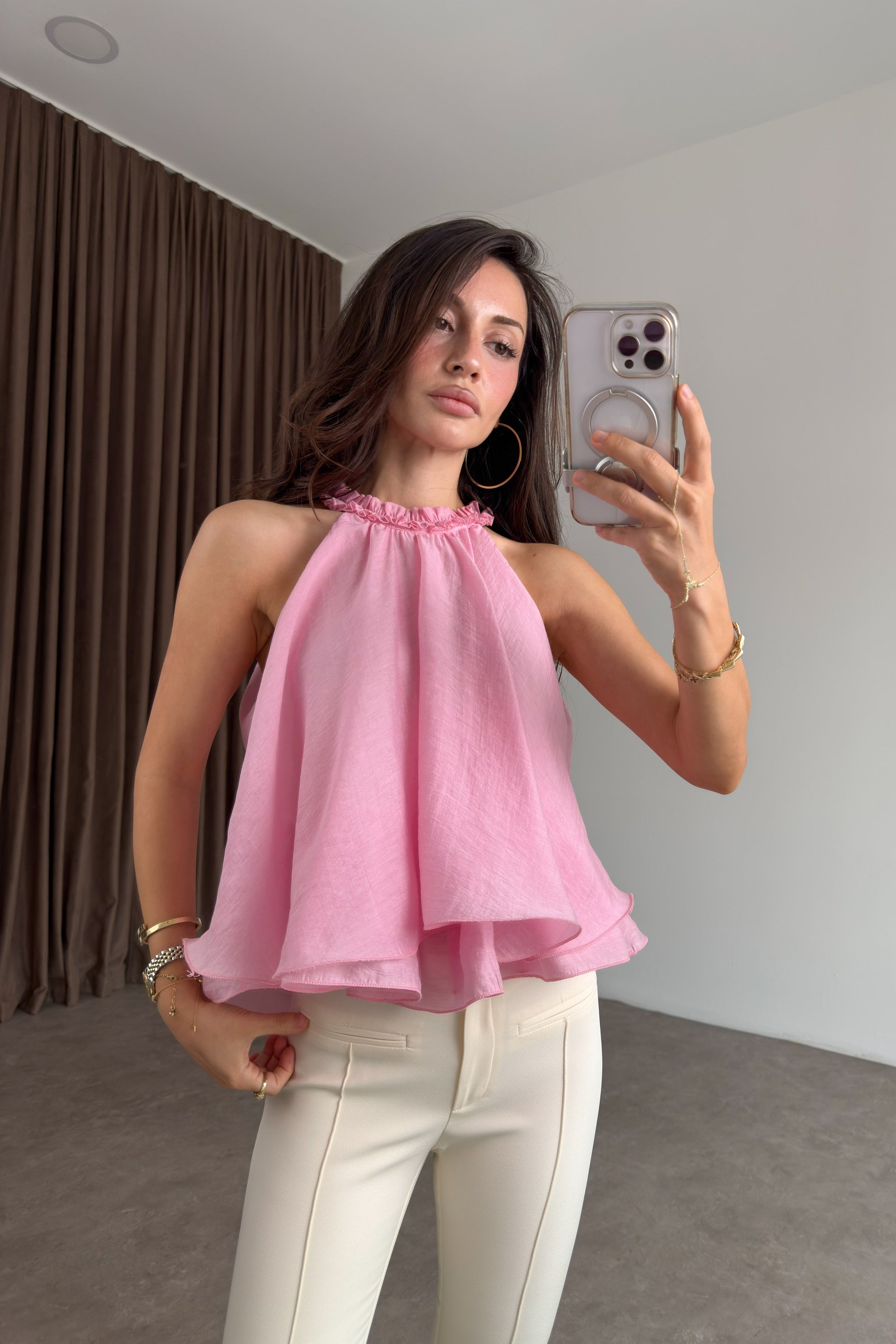 Fırfırlı Yaka Volanlı Pembe Bluz