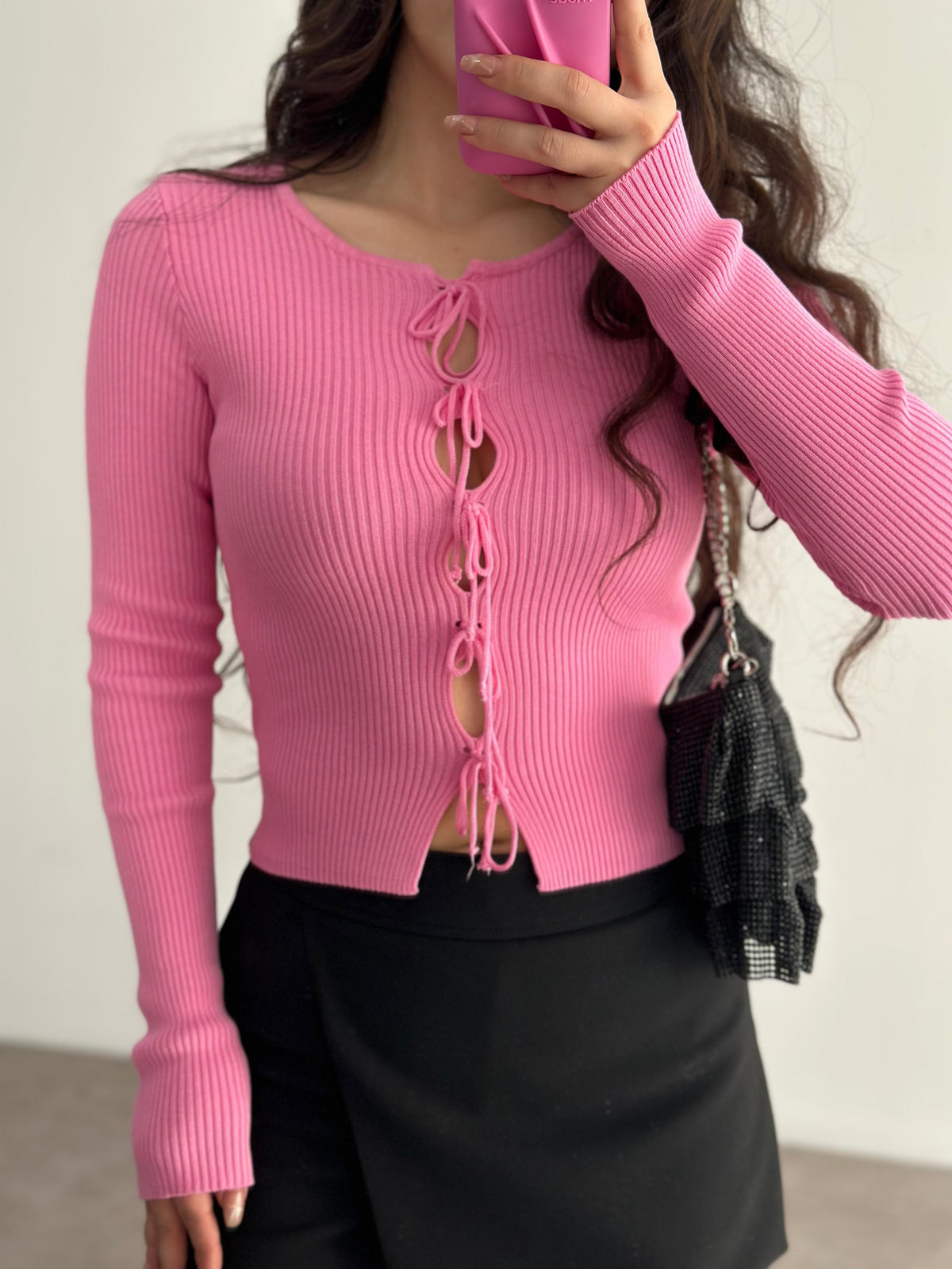 Fiyonklu Pencere Detaylı Triko Pembe Üst