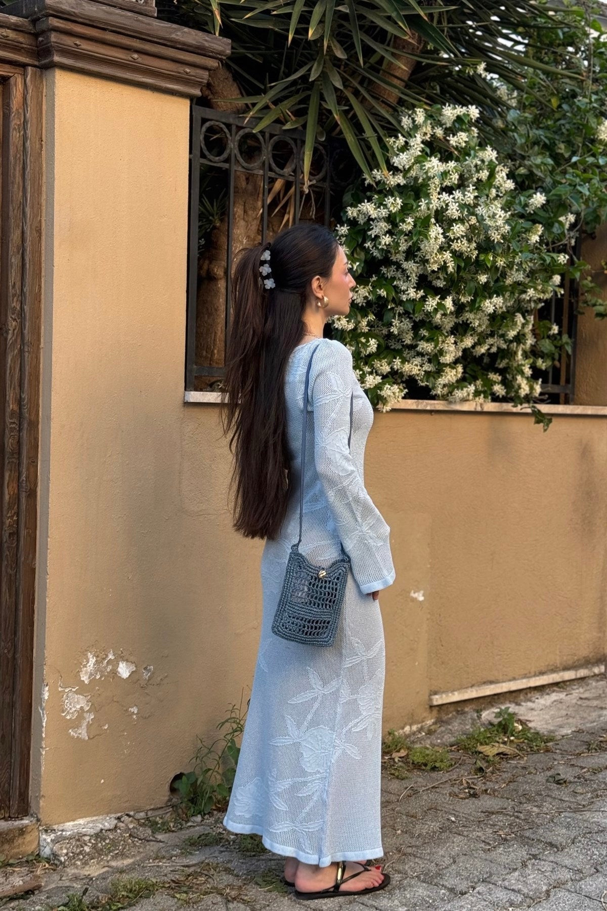 Flora Çiçek Desenli Pencereli Bebek Mavi Elbise
