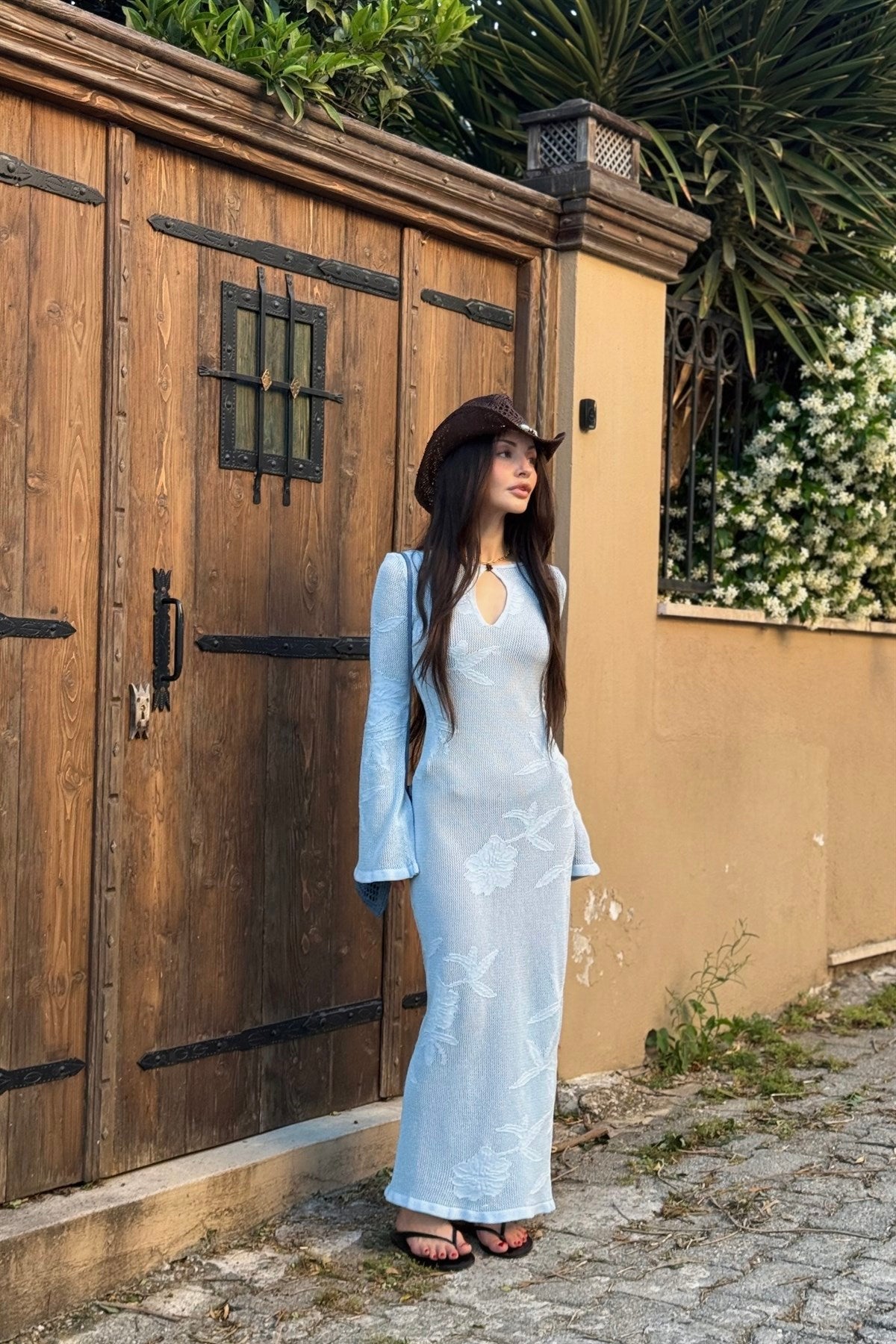 Flora Çiçek Desenli Pencereli Bebek Mavi Elbise