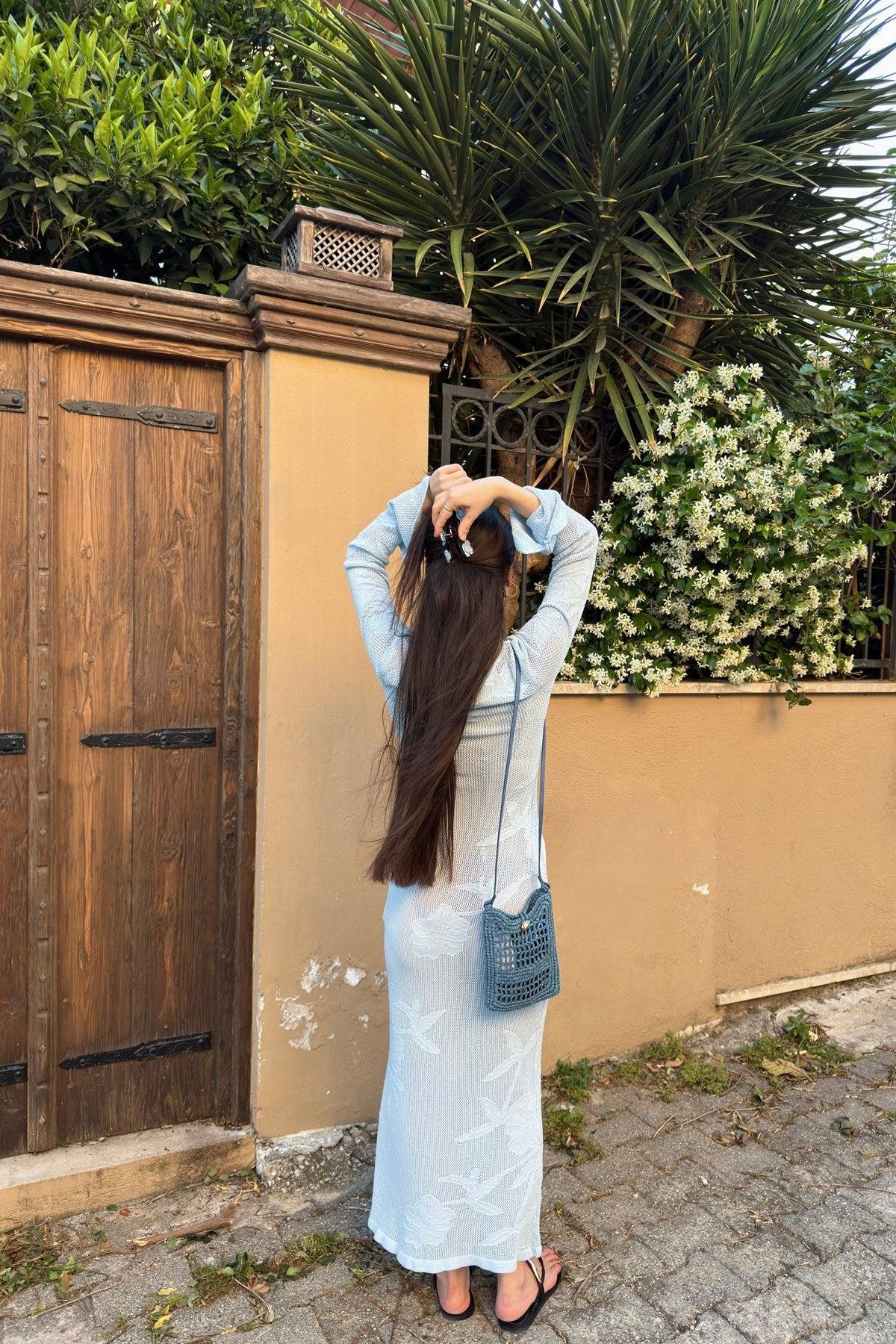 Flora Çiçek Desenli Pencereli Bebek Mavi Elbise