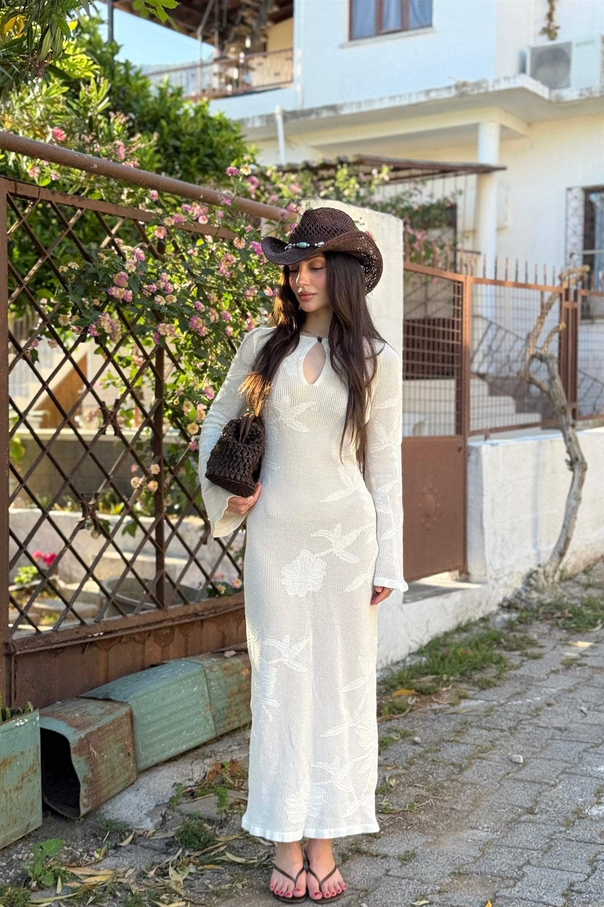 Flora Çiçek Desenli Pencereli Ekru Elbise