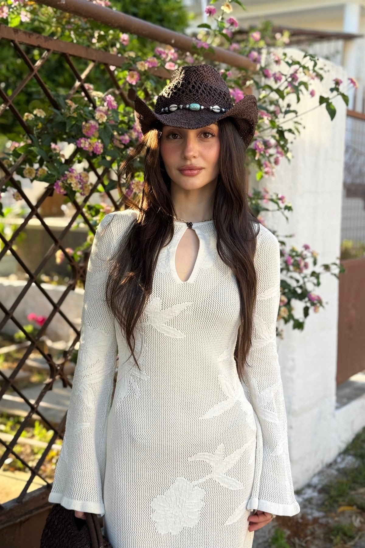 Flora Çiçek Desenli Pencereli Ekru Elbise
