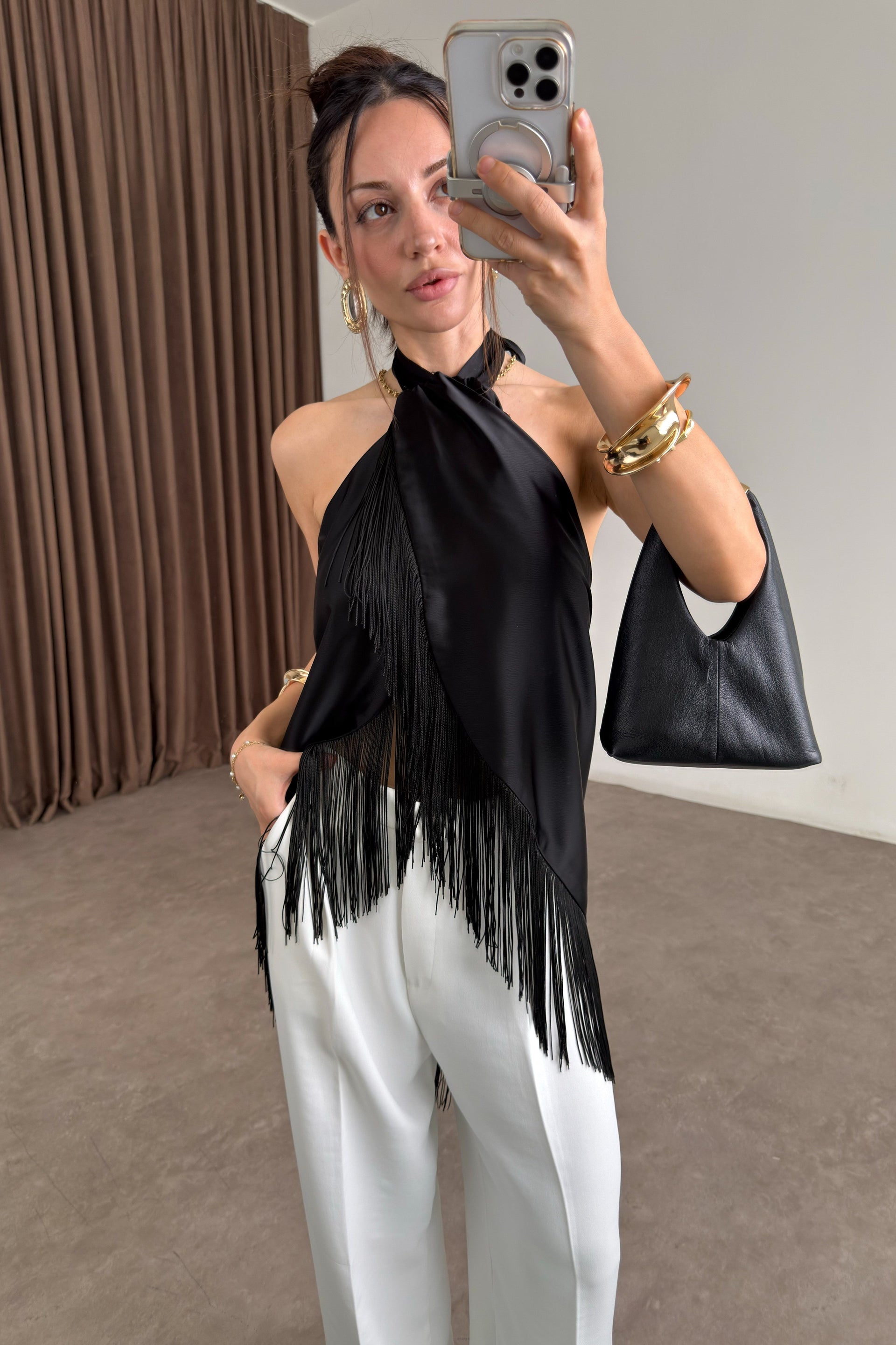 Fringe Püsküllü Saten Siyah Şal Bluz