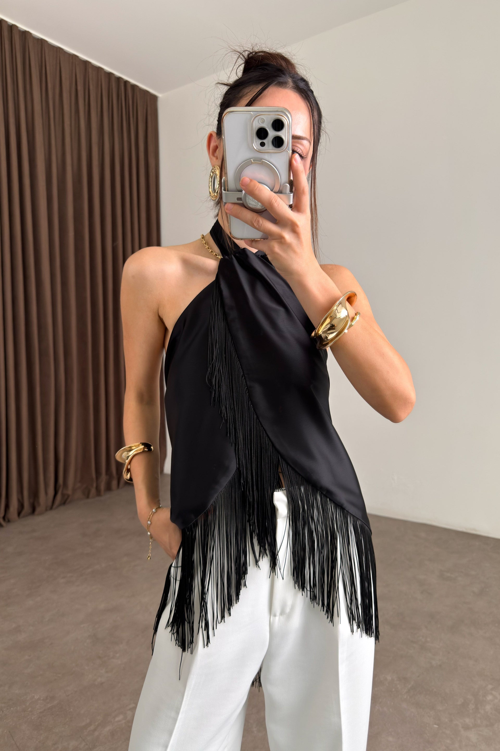Fringe Püsküllü Saten Siyah Şal Bluz