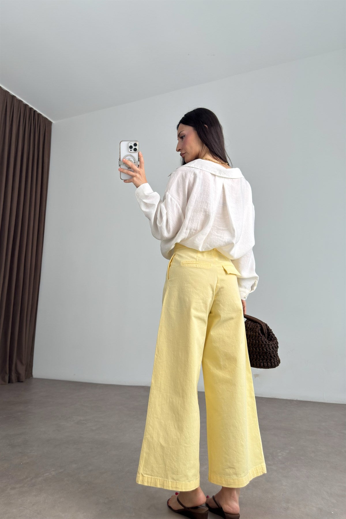 Geniş Paçalı Bilek Boy Pastel Sarı Pantolon