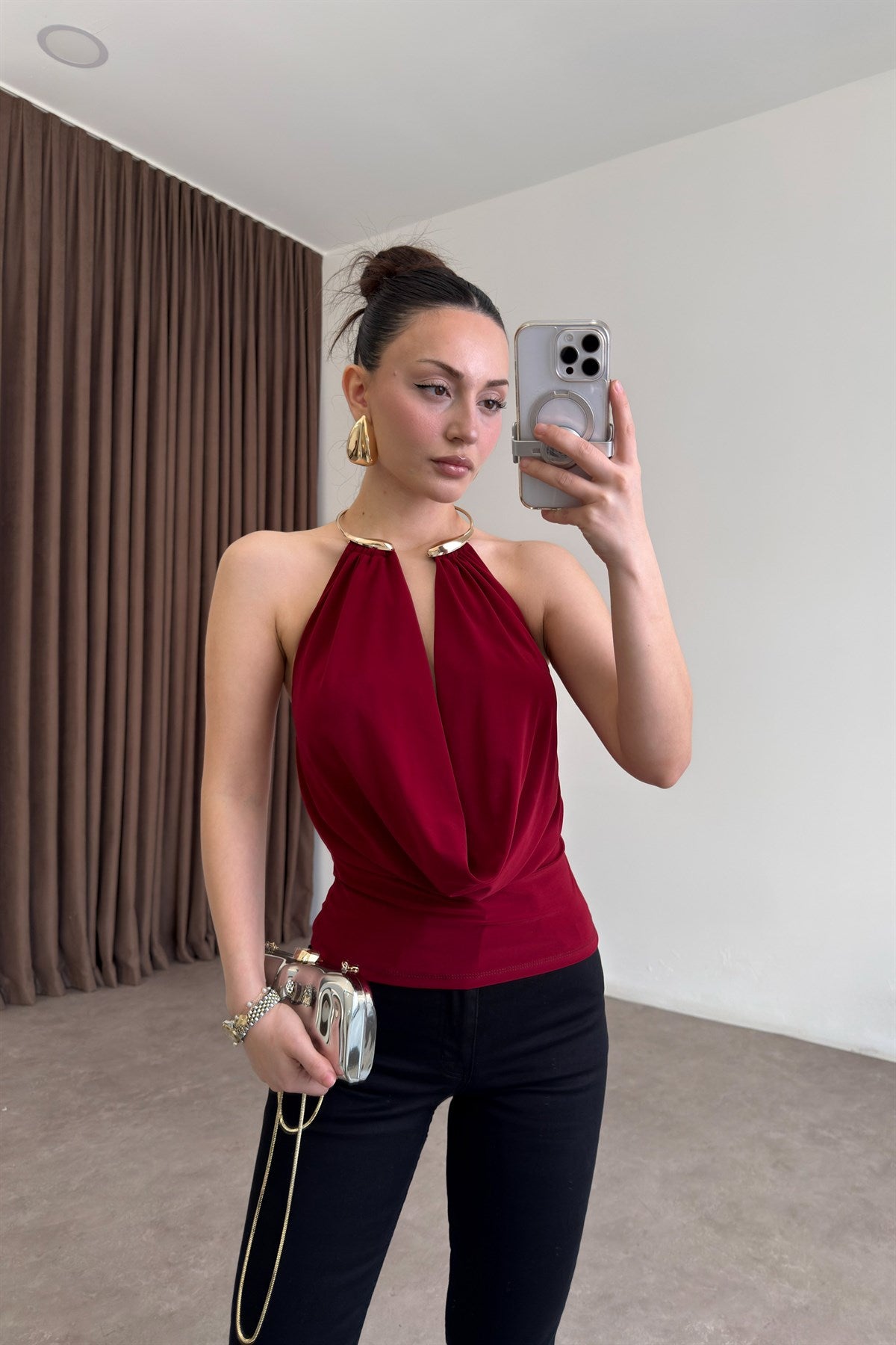 Gold Kolyeli Degaje Bordo Bluz