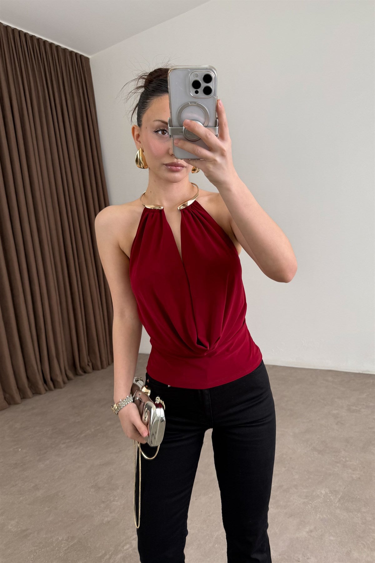 Gold Kolyeli Degaje Bordo Bluz