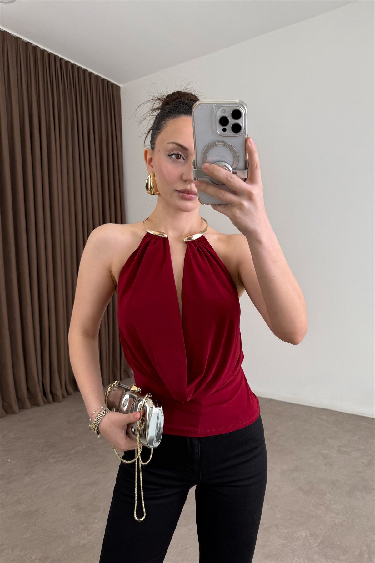 Gold Kolyeli Degaje Bordo Bluz