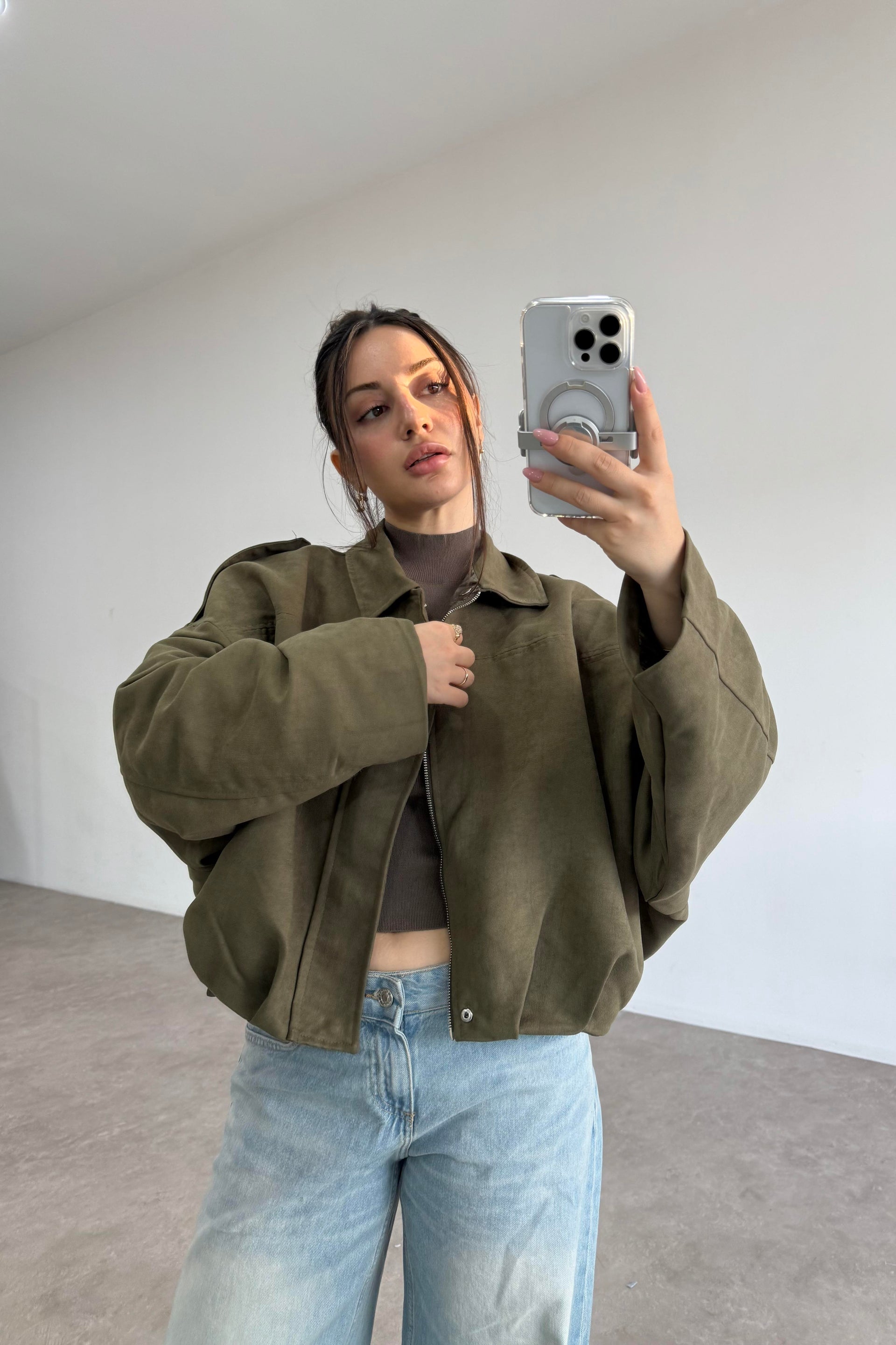 Haki Süet Bomber Ceket