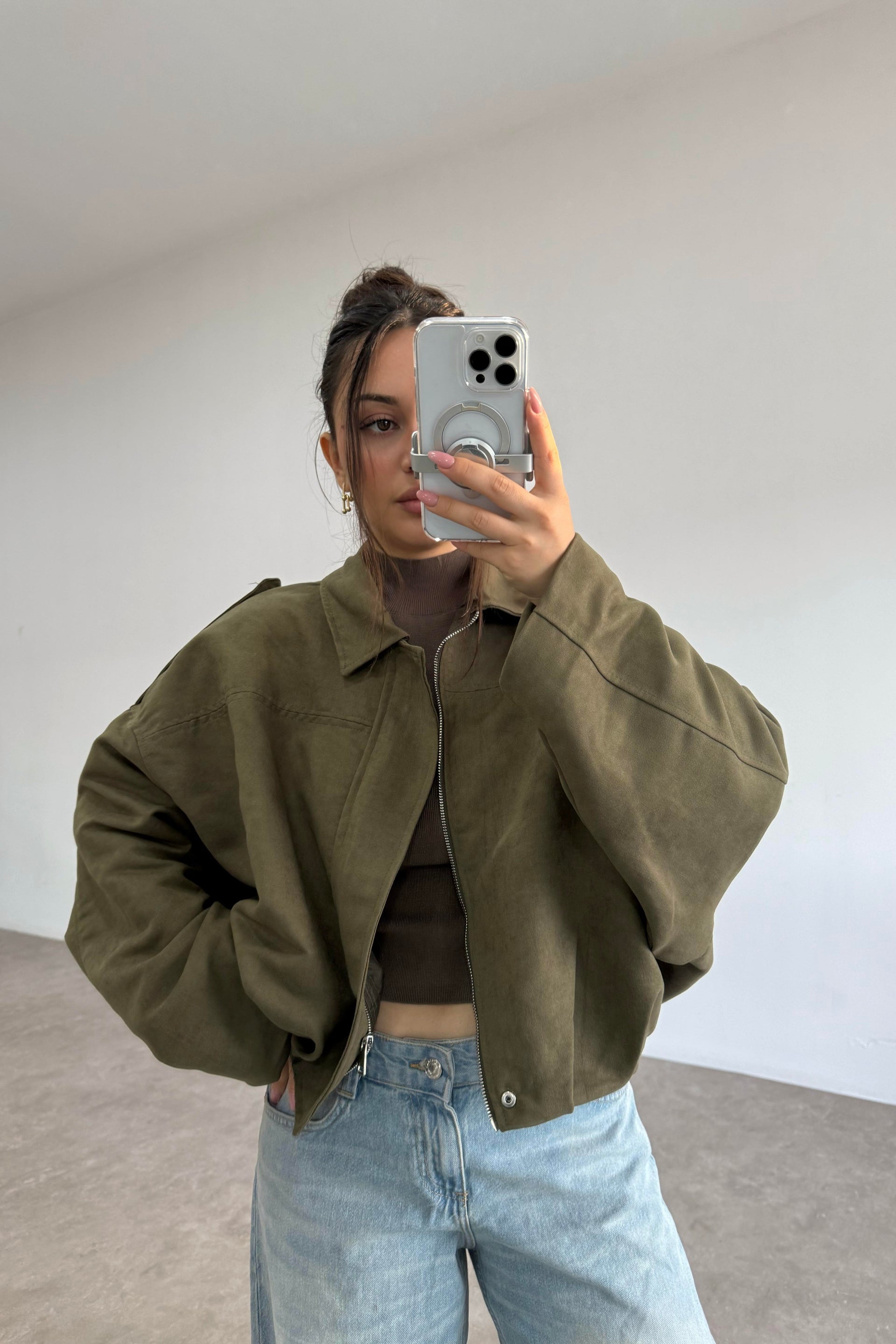Haki Süet Bomber Ceket