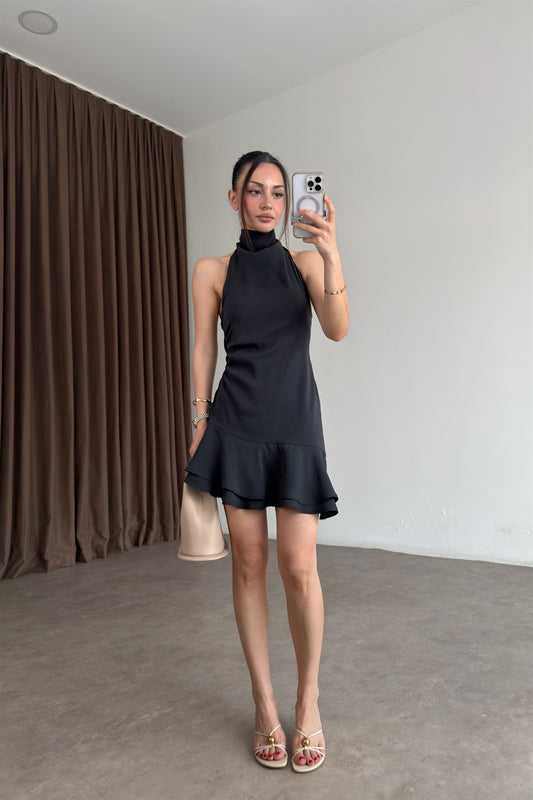 Halter Yaka Bağlamalı Fırfırlı Siyah Modal Kısa Elbise