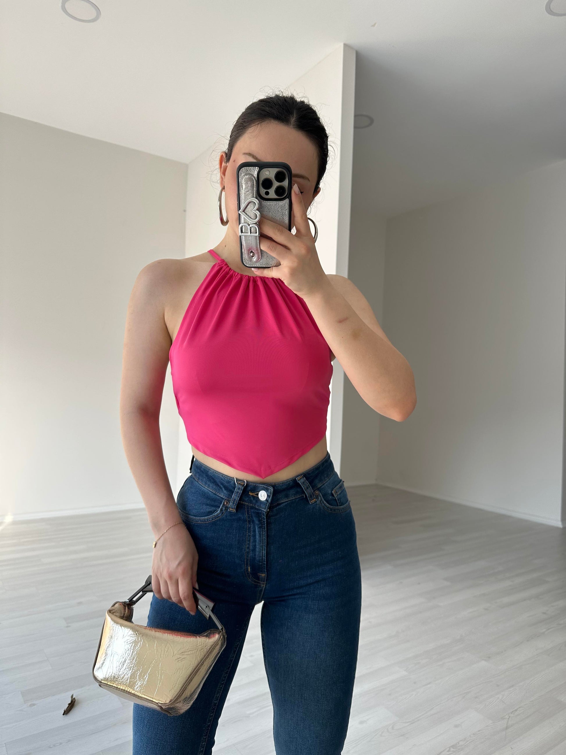 Halter Yaka Bağlamalı V Kesim Crop