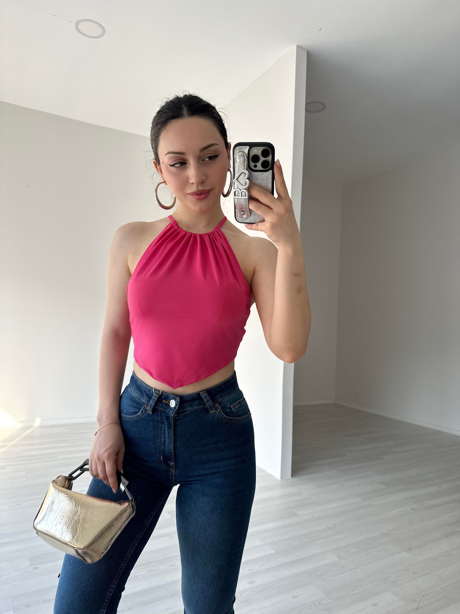 Halter Yaka Bağlamalı V Kesim Crop