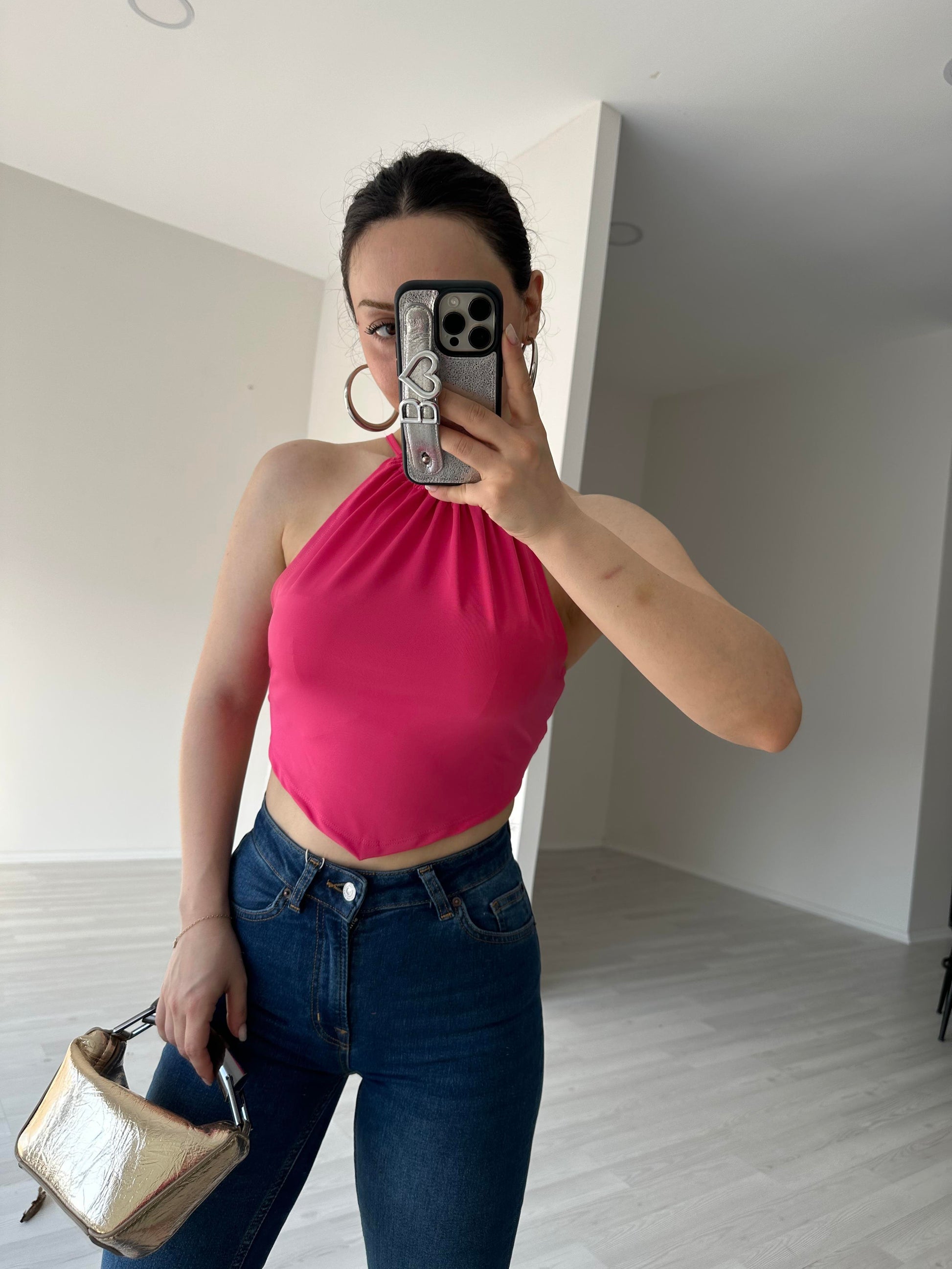 Halter Yaka Bağlamalı V Kesim Crop