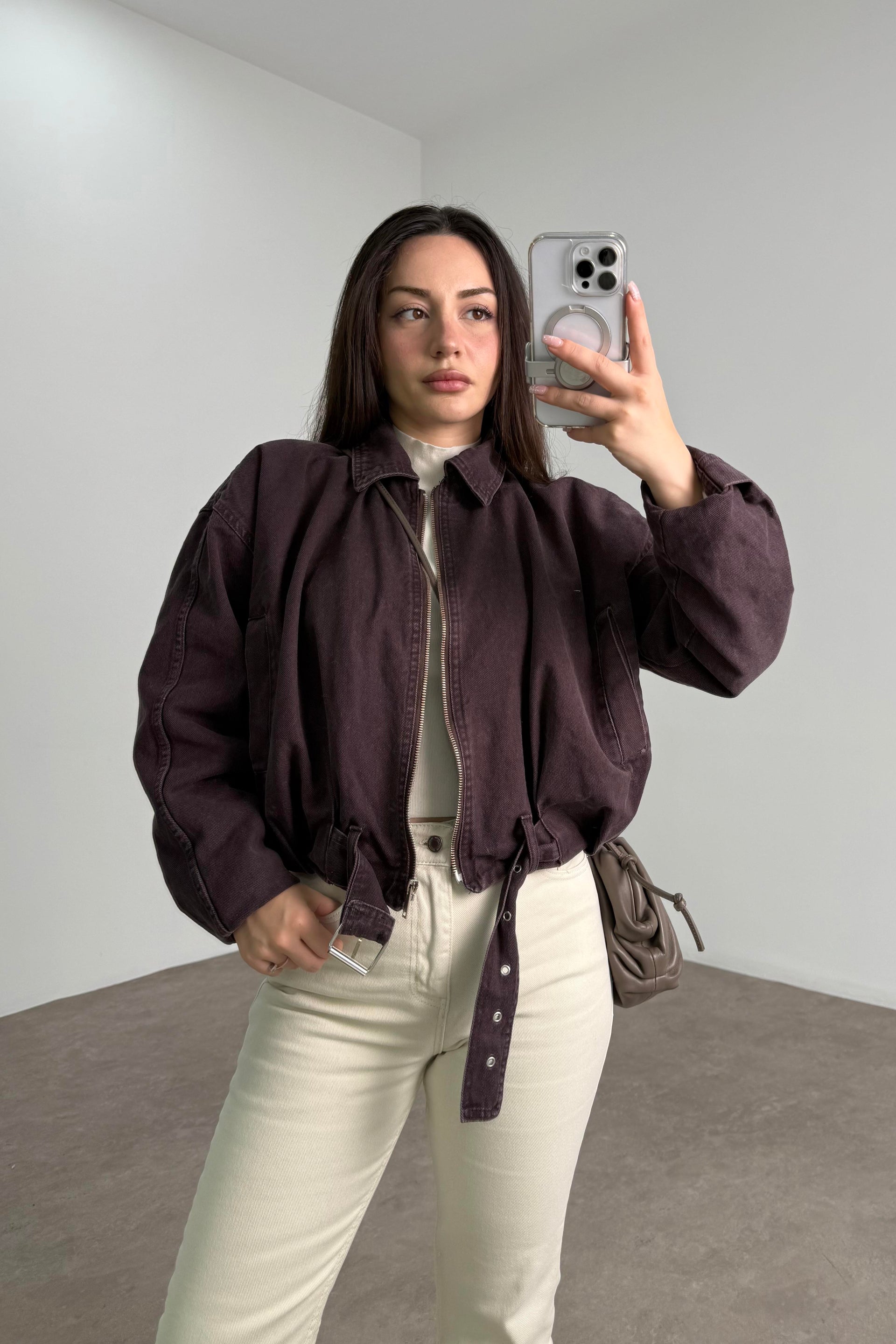 İçi Kürklü Kemerli Kahverengi Denim Mont