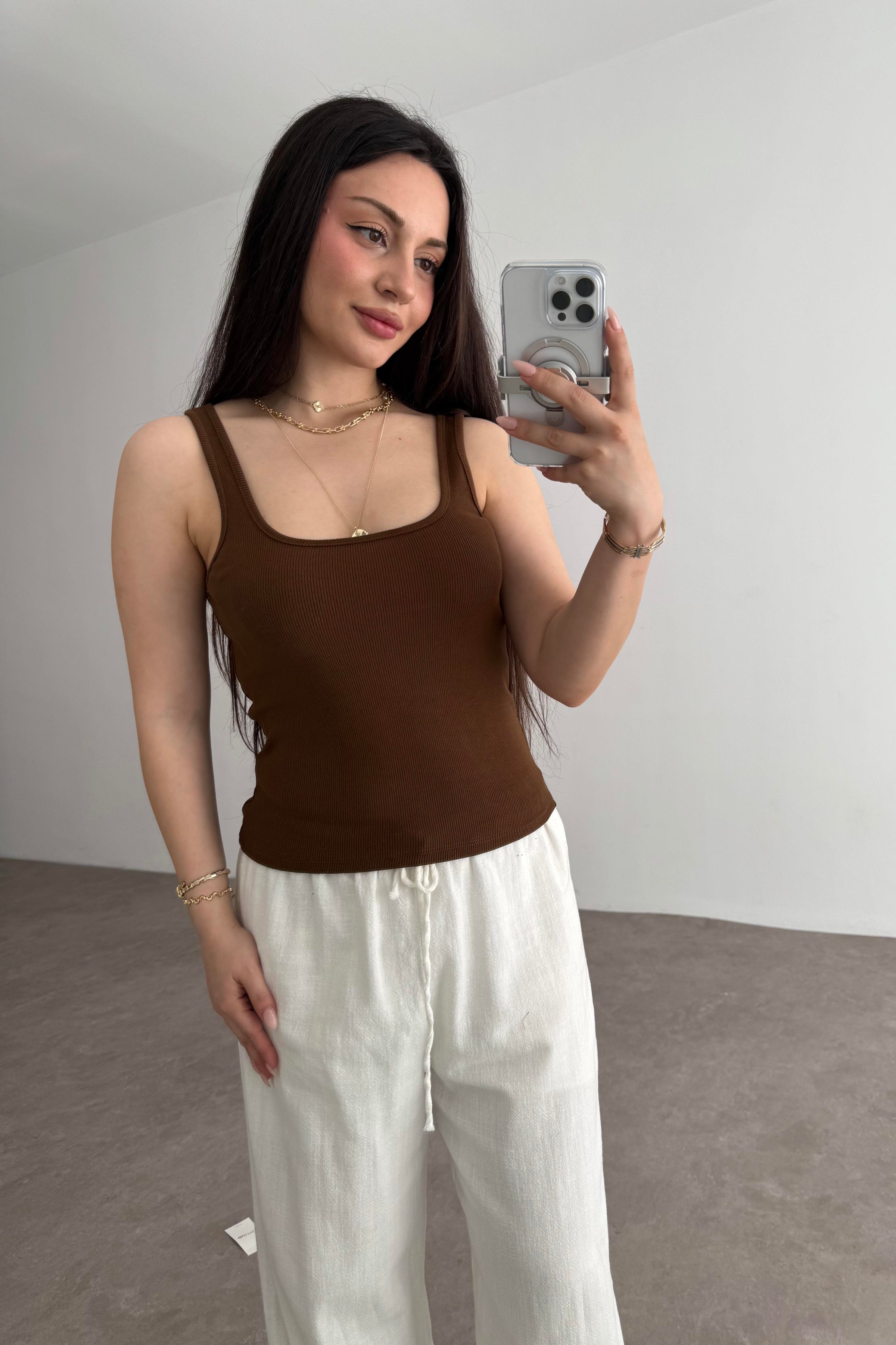 İnce Askılı Biyeli Atlet Kahve