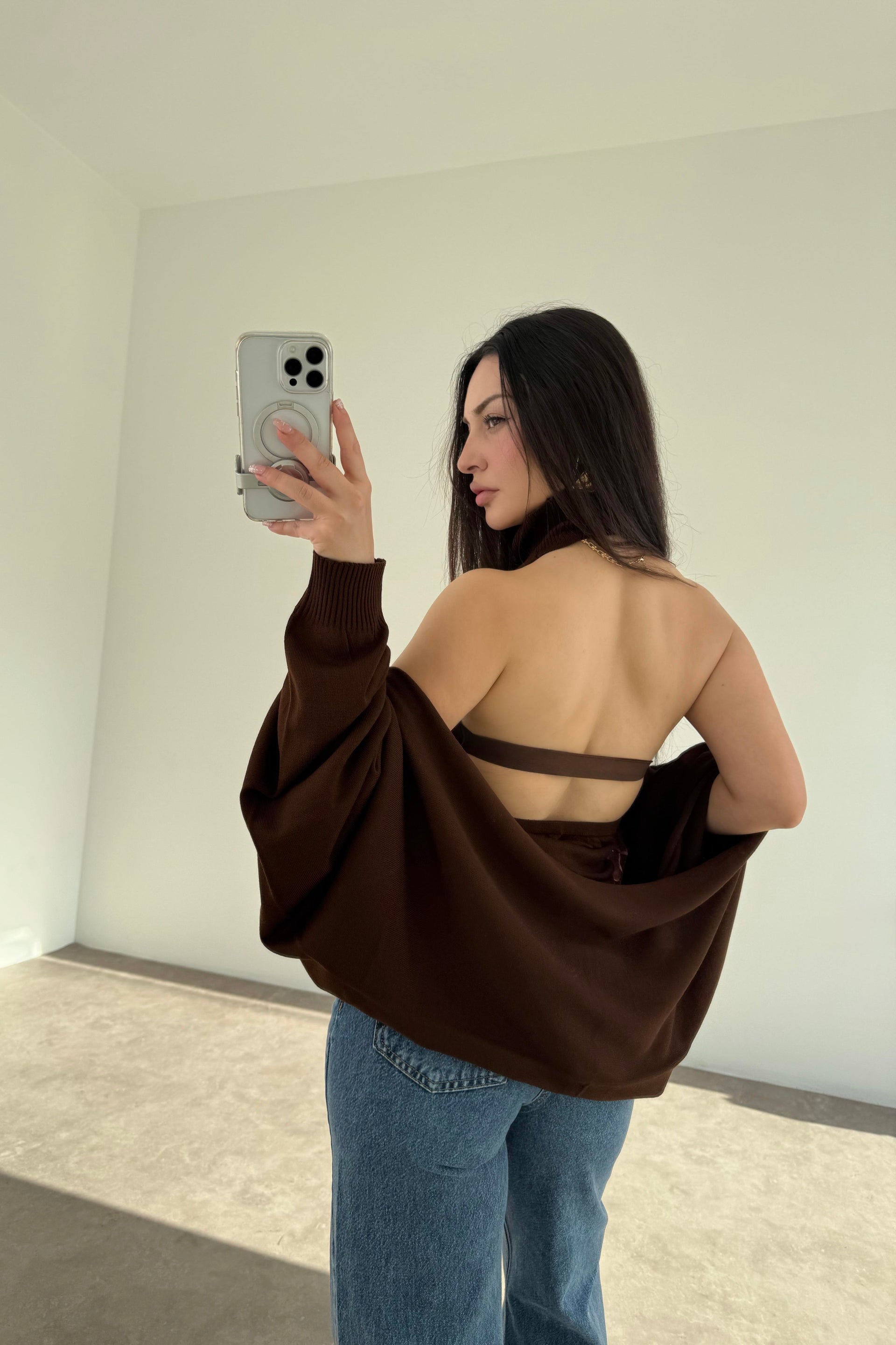 Kahve Halter Kesim Bluzlu Bolerolu Takım Üst