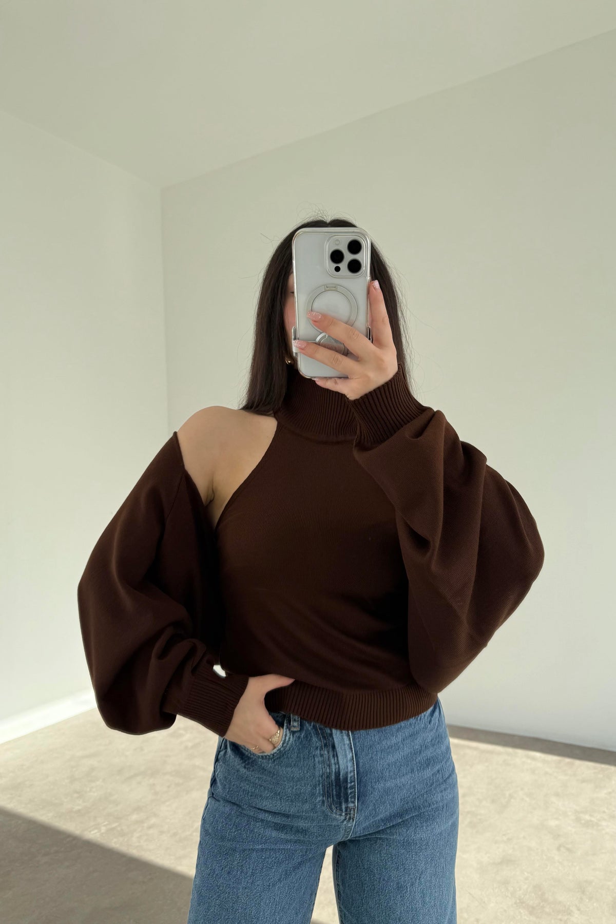 Kahve Halter Kesim Bluzlu Bolerolu Takım Üst