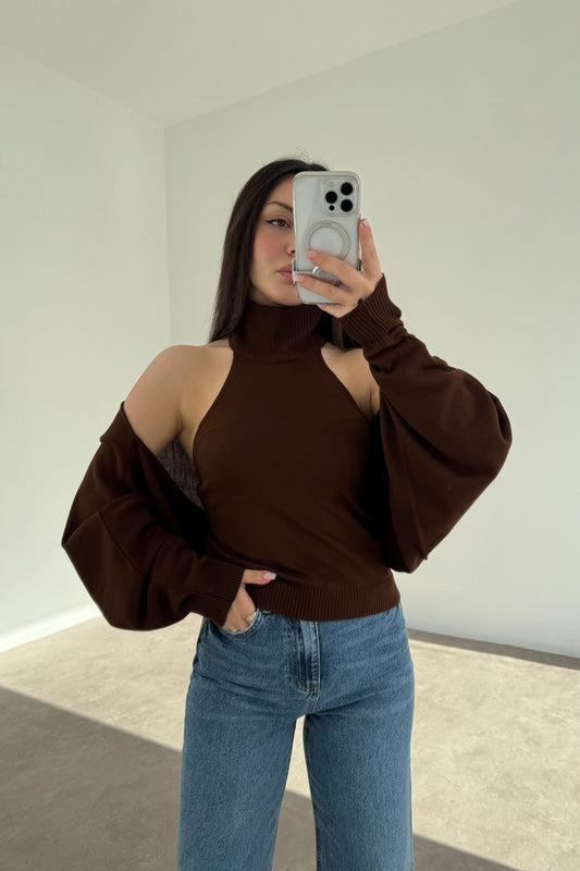 Kahve Halter Kesim Bluzlu Bolerolu Takım Üst