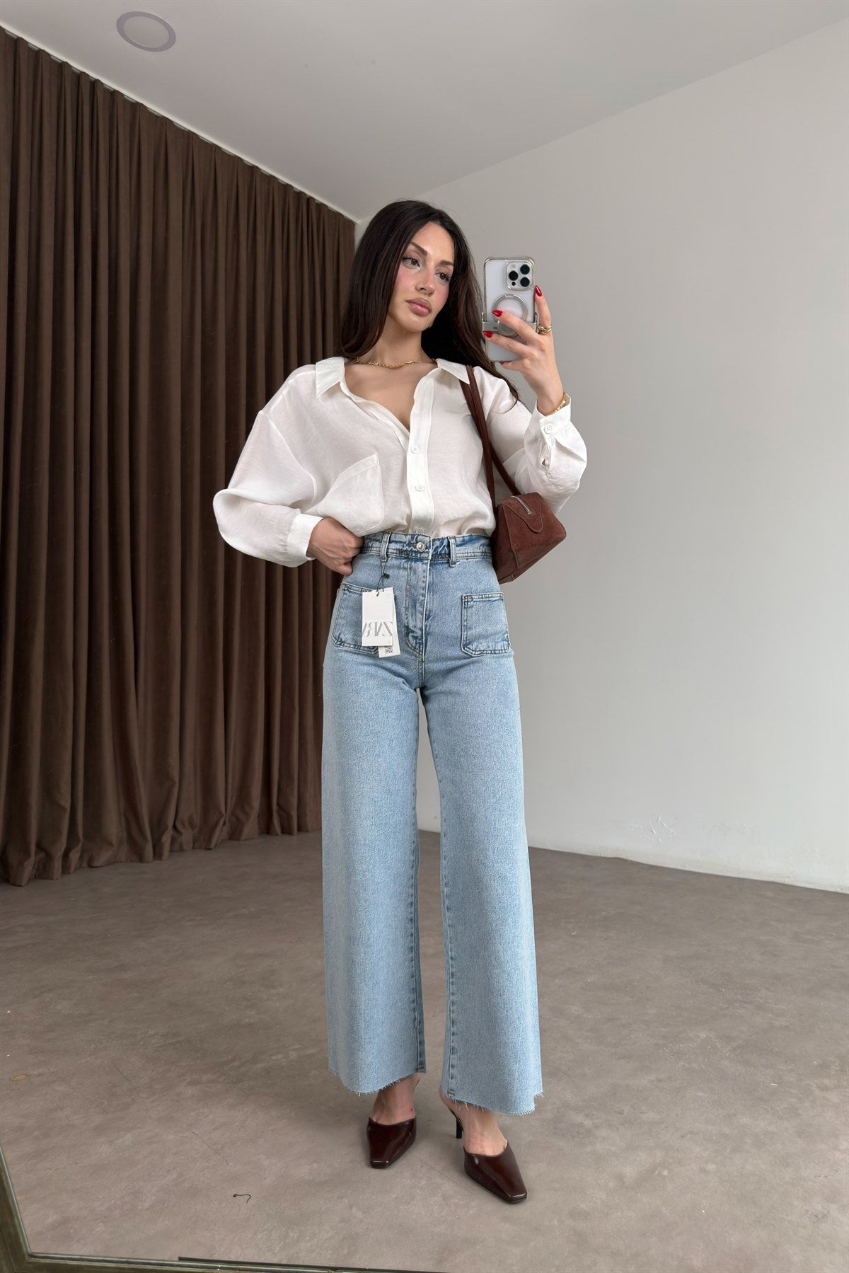 Kare Cepli Straight Bilek Boy Buz Mavi Jean