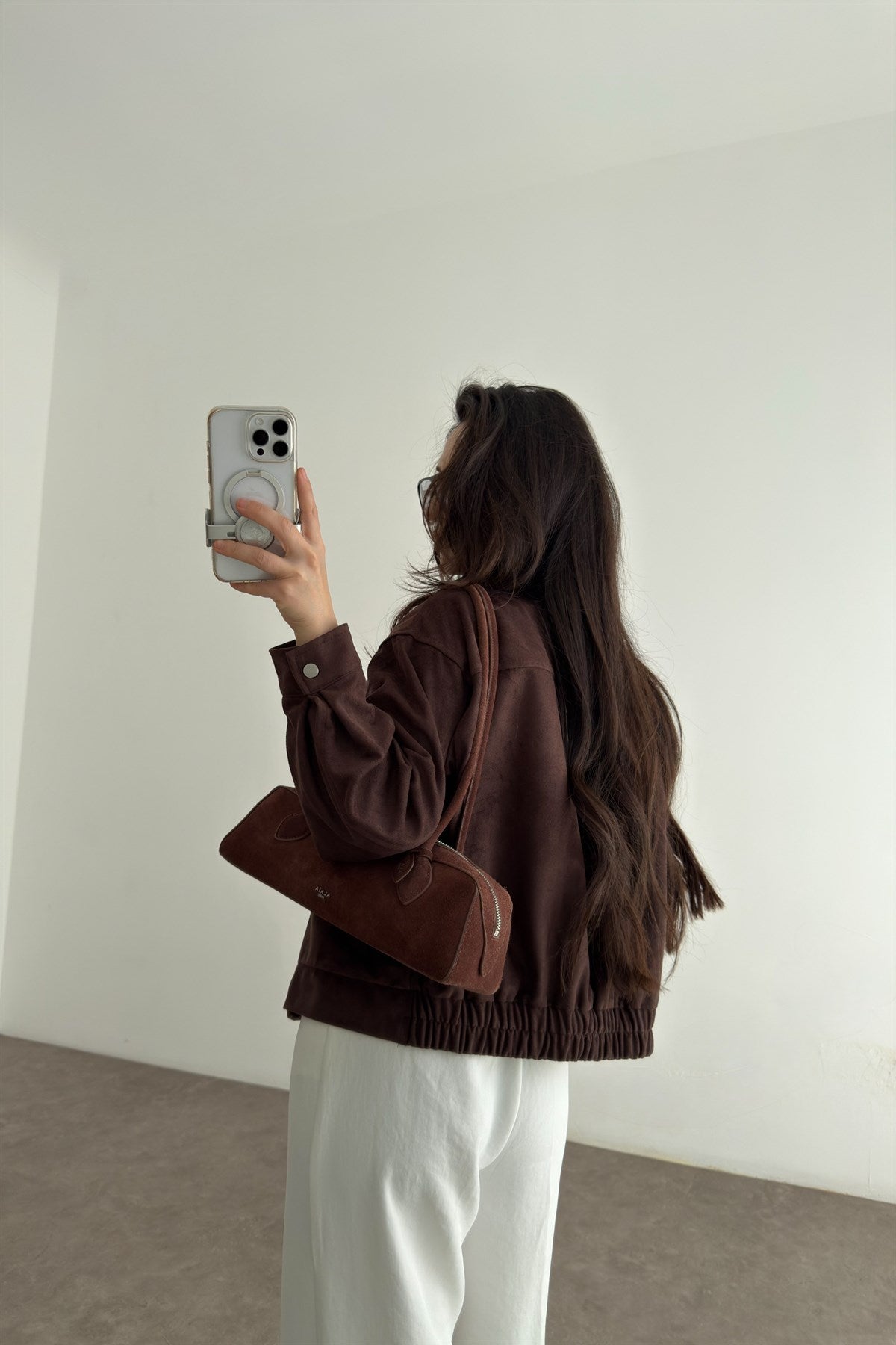 Premium Süet Dik Yakalı Kahve Ceket