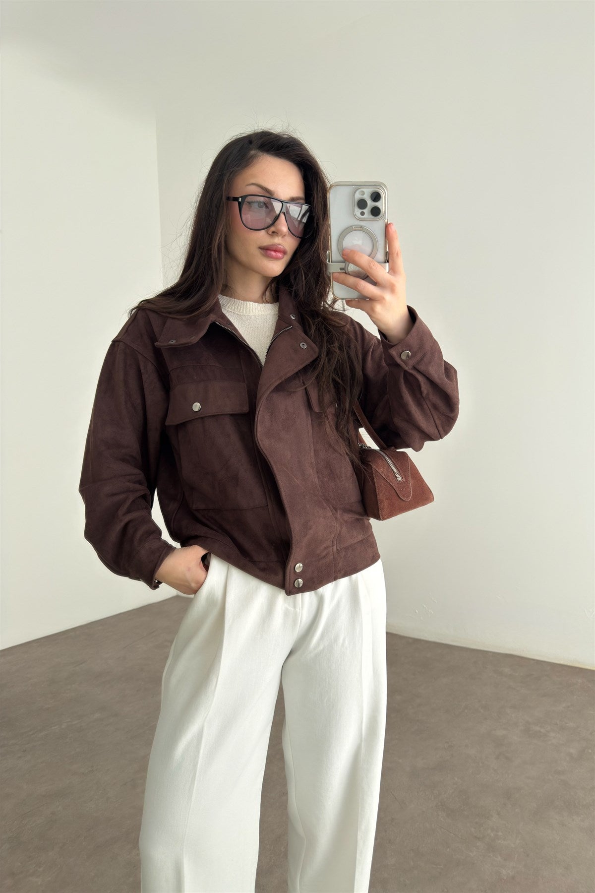Premium Süet Dik Yakalı Kahve Ceket
