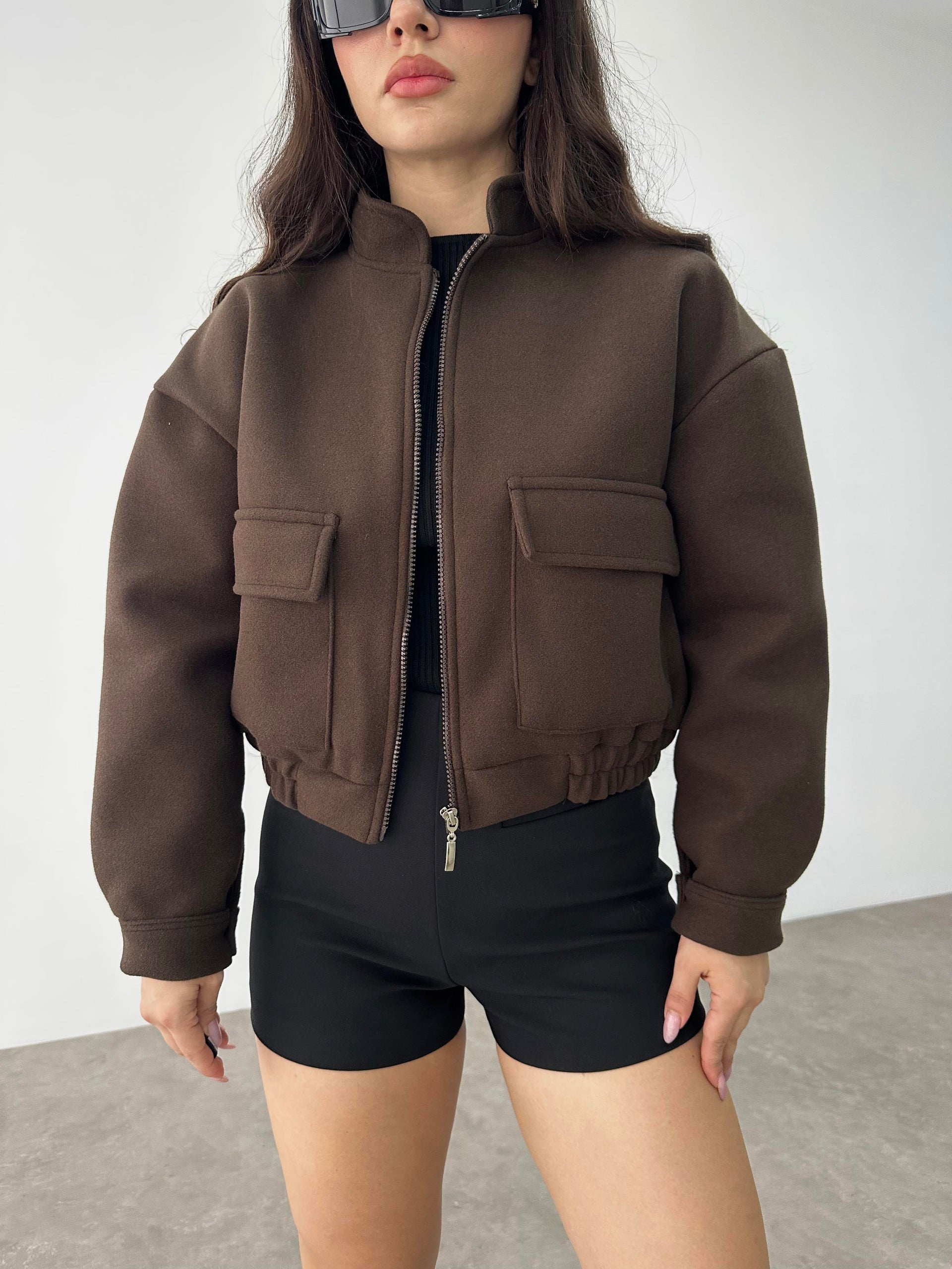 Kaşe Cep Detaylı Kahve Bomber