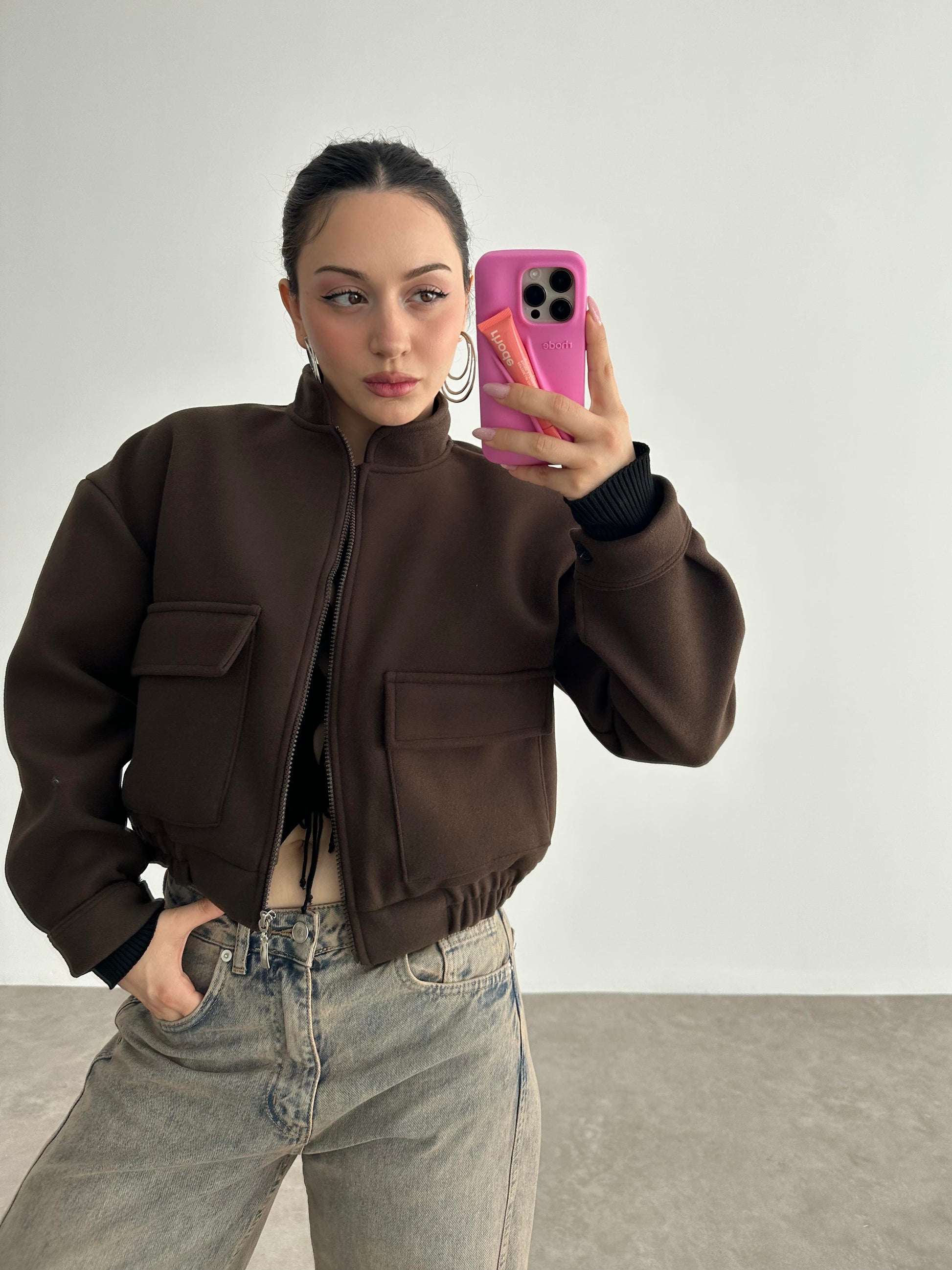 Kaşe Cep Detaylı Kahve Bomber