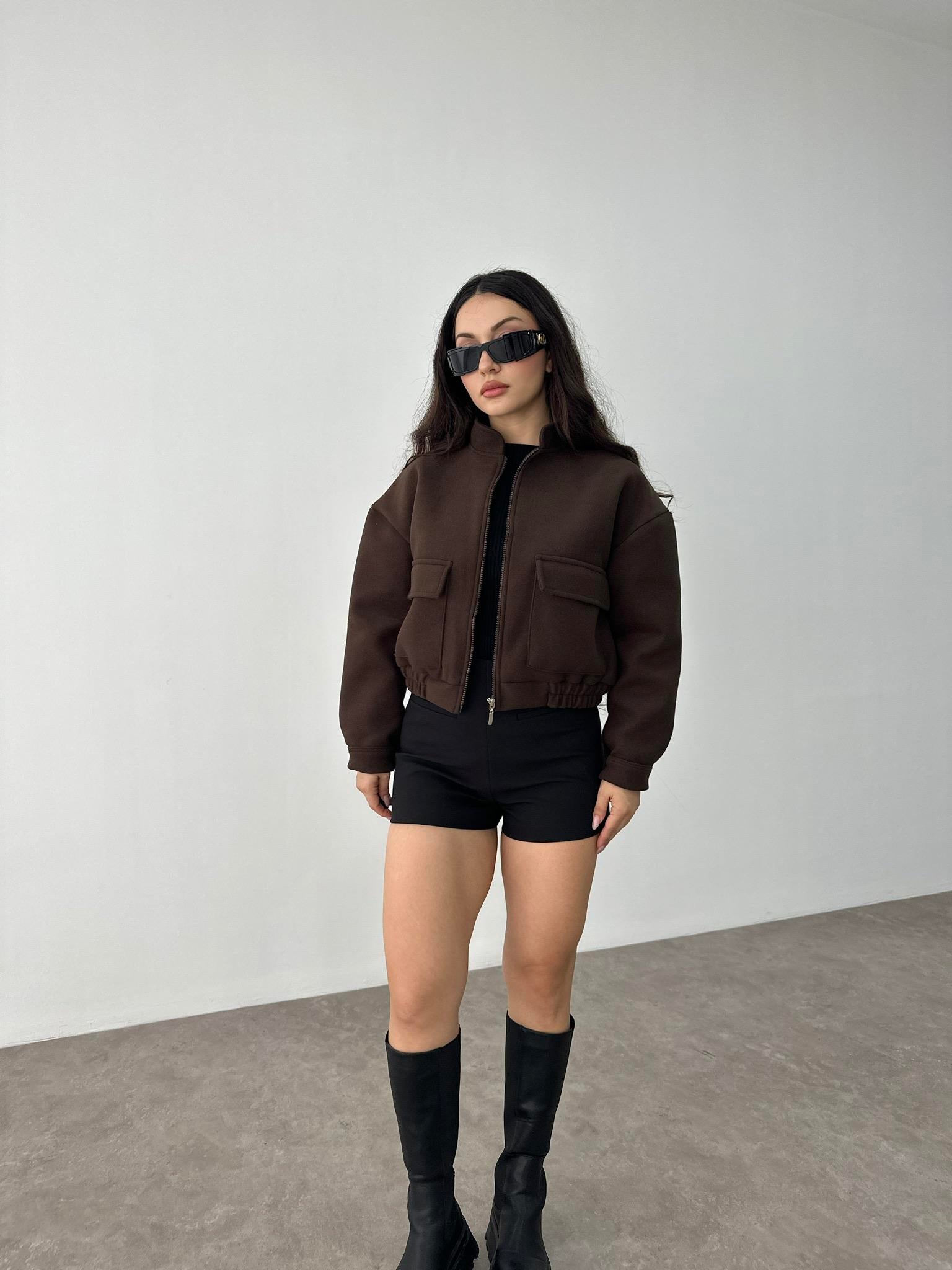 Kaşe Cep Detaylı Kahve Bomber