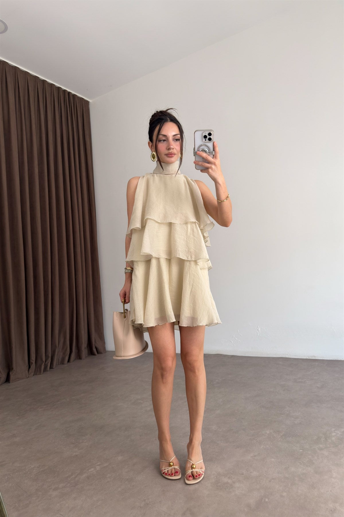 Katlı Bağlama Detaylı Mini Elbise Taş