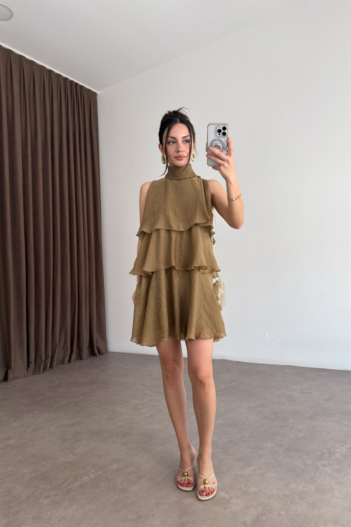 Katlı Bağlama Detaylı Mini Elbise Olive