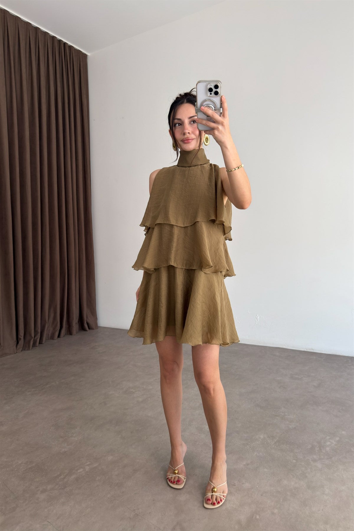 Katlı Bağlama Detaylı Mini Elbise Olive